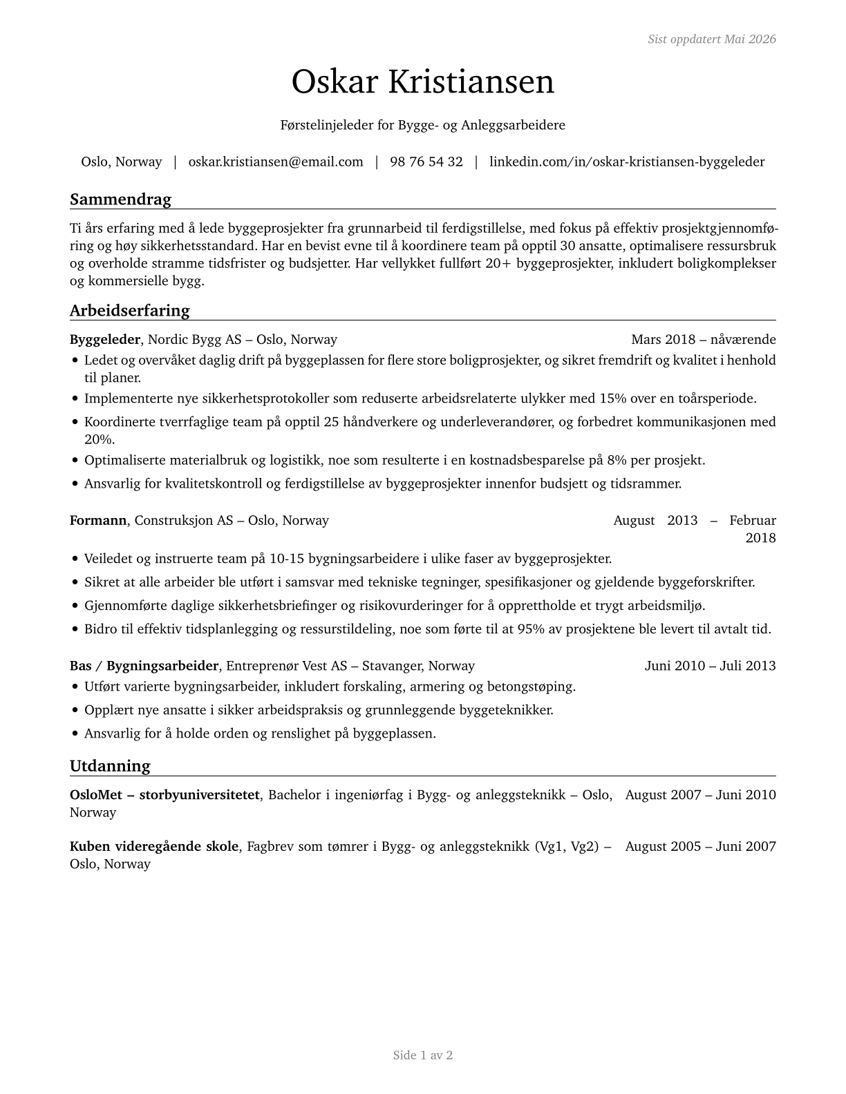 First-Line Supervisors of Construction Trades and Extraction Workers CV in Norwegian_bokmal — page 1
