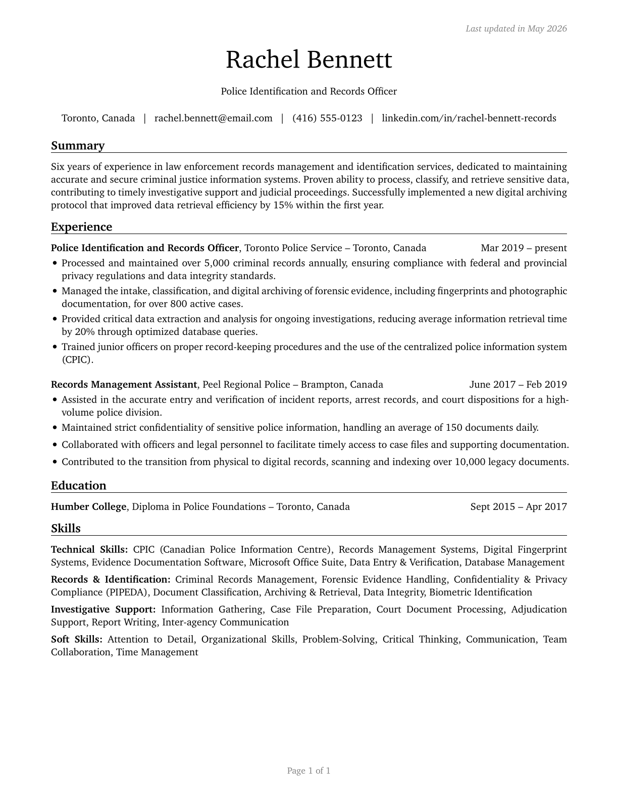 Police Identification and Records Officers CV in English — page 1