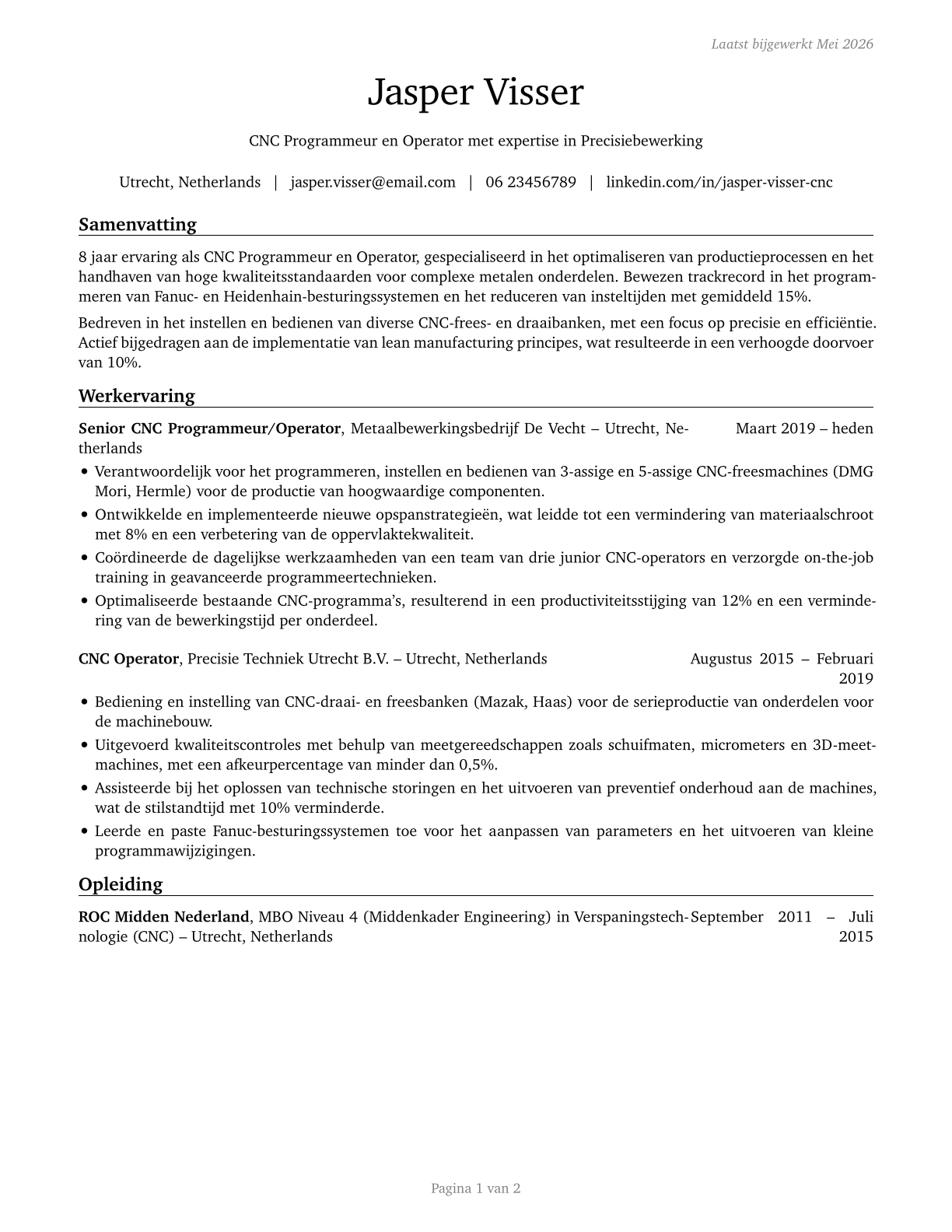 Computer Numerically Controlled Tool Operators CV in Dutch — page 1