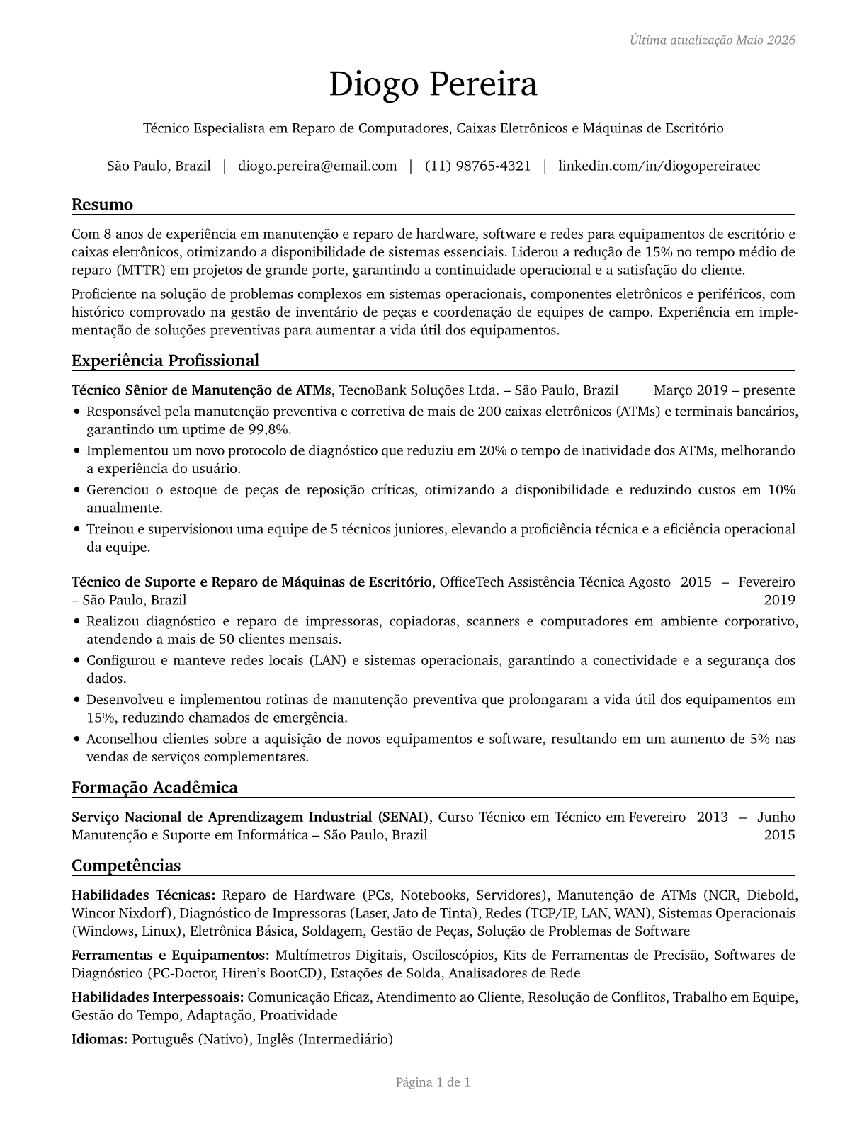 Computer, Automated Teller, and Office Machine Repairers CV in Portuguese — page 1