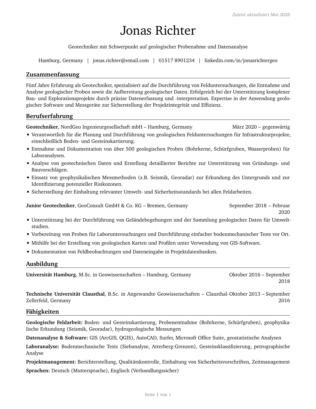 Geological Technicians, Except Hydrologic Technicians CV in German — page 1