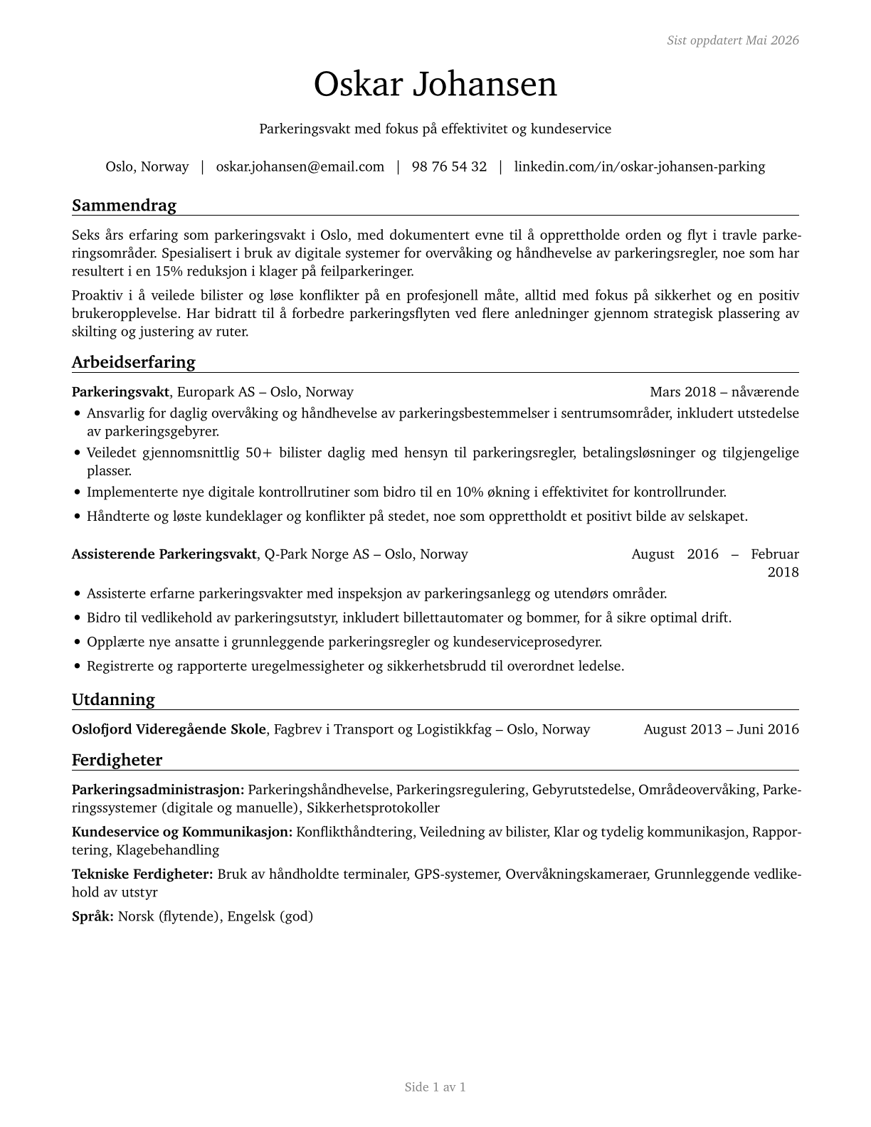 Parking Attendants CV in Norwegian_bokmal — page 1