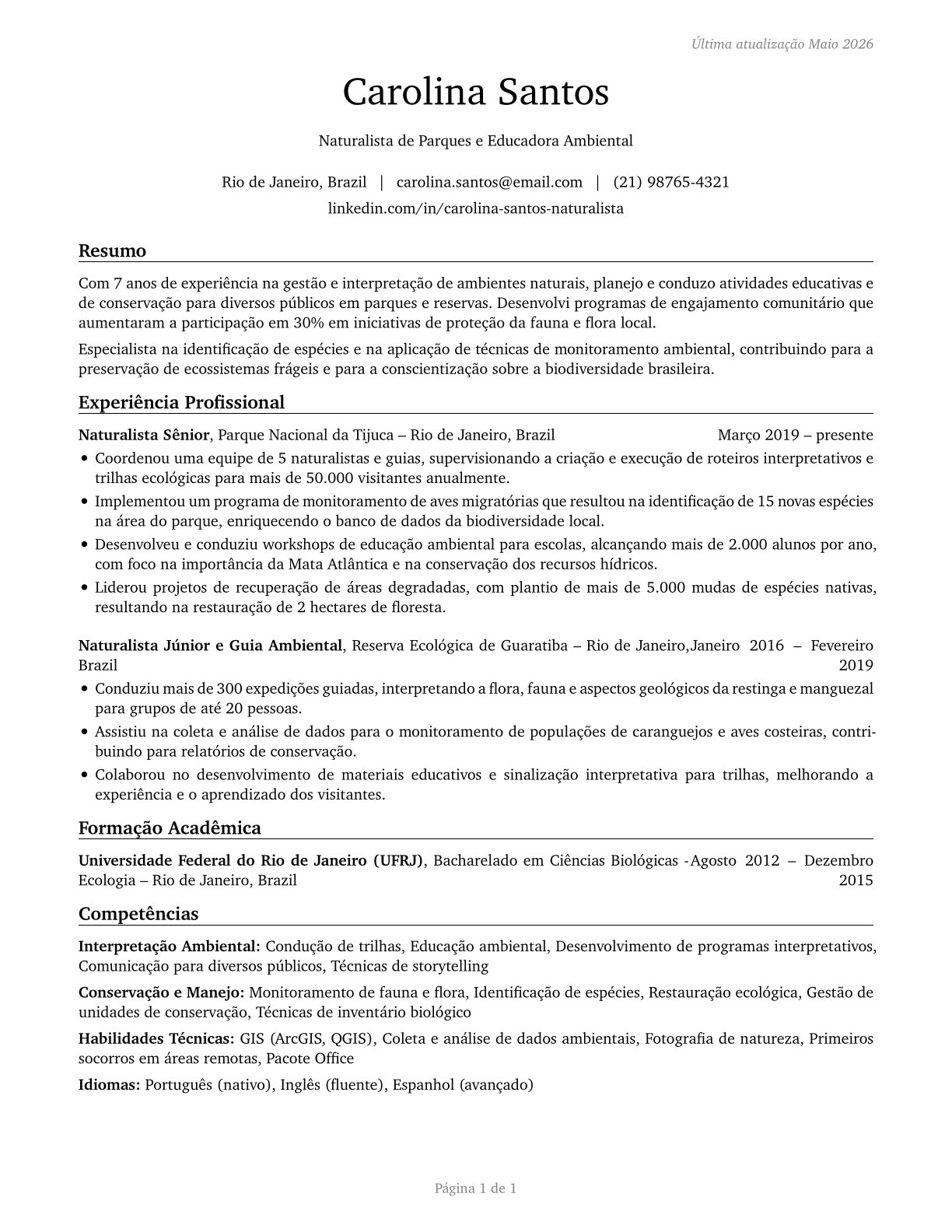 Park Naturalists CV in Portuguese — page 1