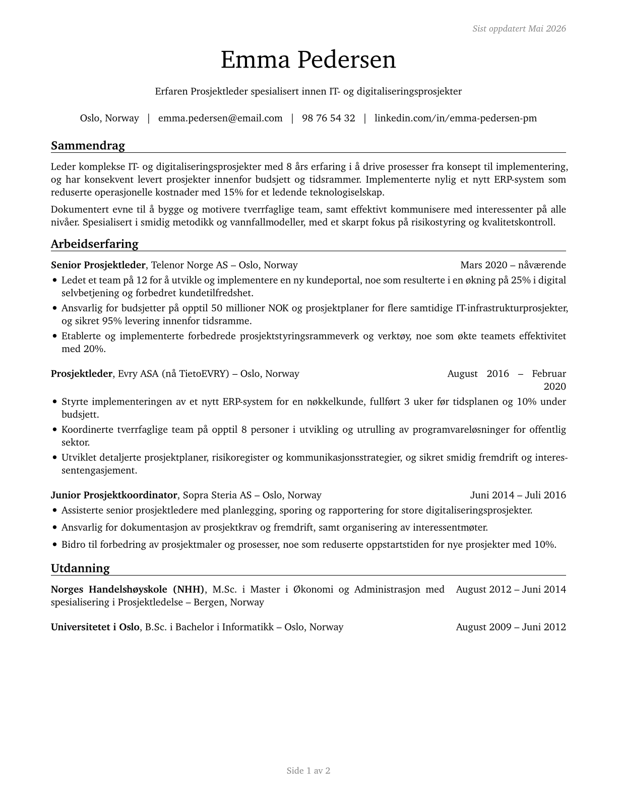 Project Management Specialists CV in Norwegian_bokmal — page 1