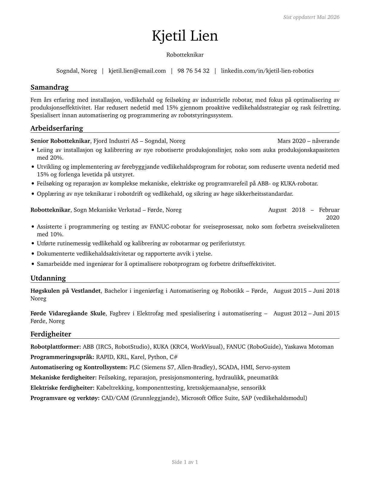 Robotics Technicians CV in Norwegian_nynorsk — page 1