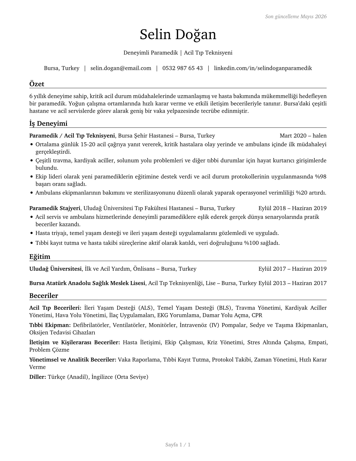 Paramedics CV in Turkish — page 1