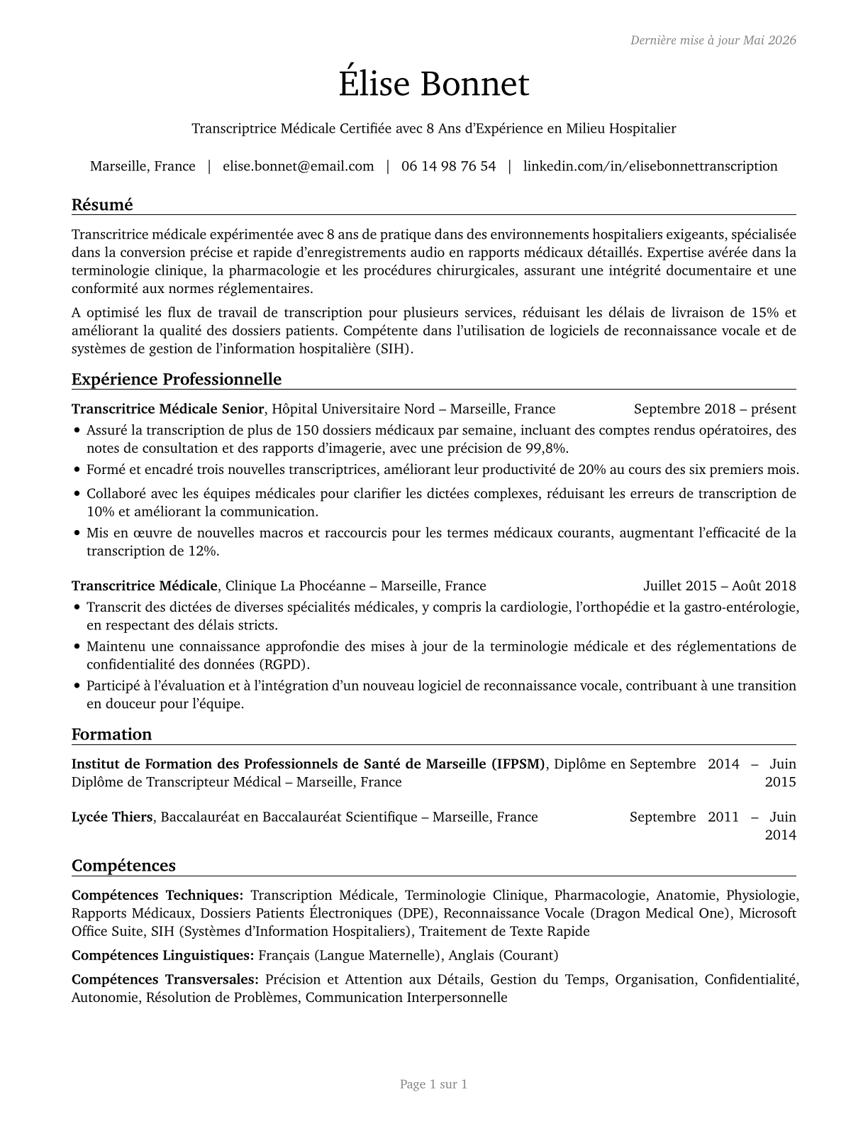 Medical Transcriptionists CV in French — page 1