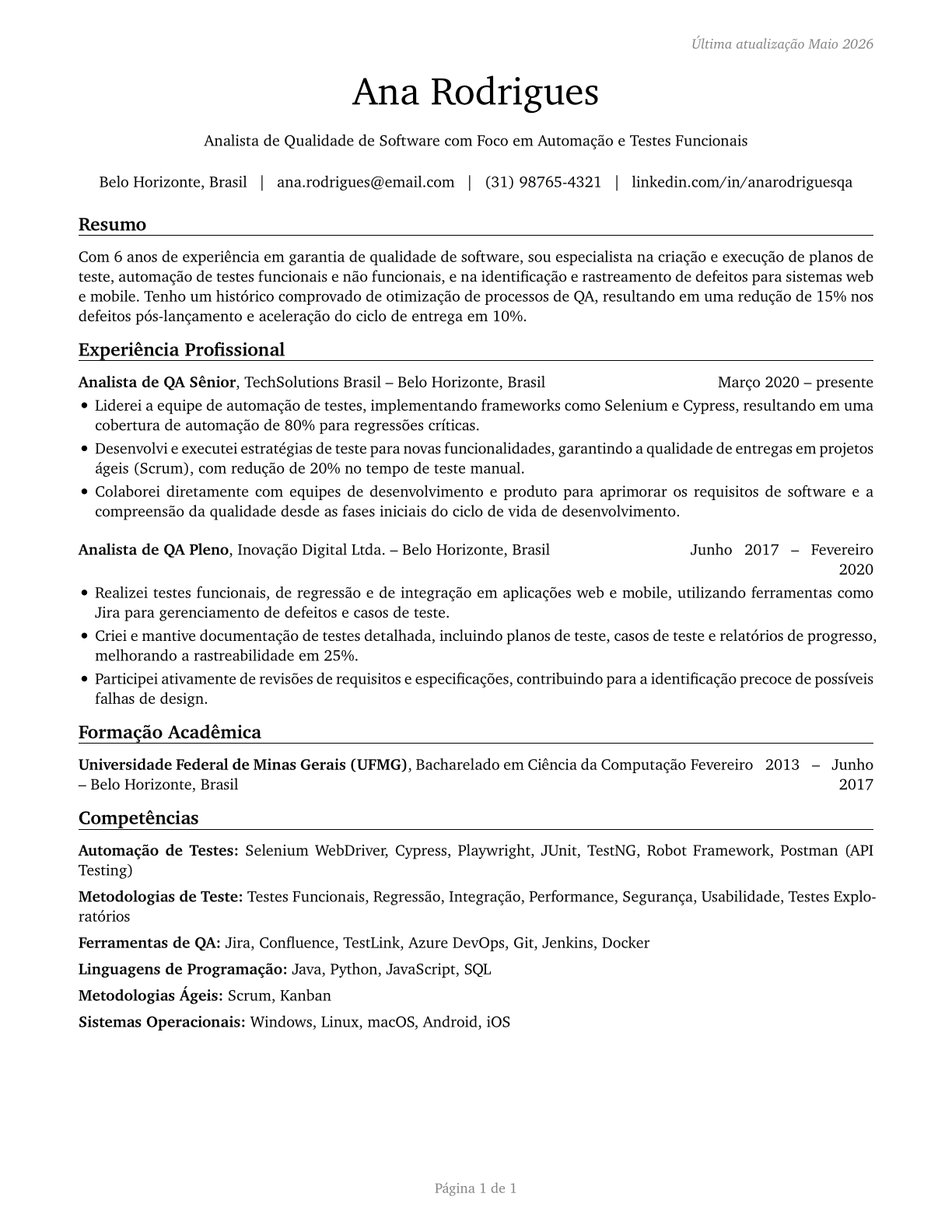 Software Quality Assurance Analysts and Testers CV in Portuguese — page 1