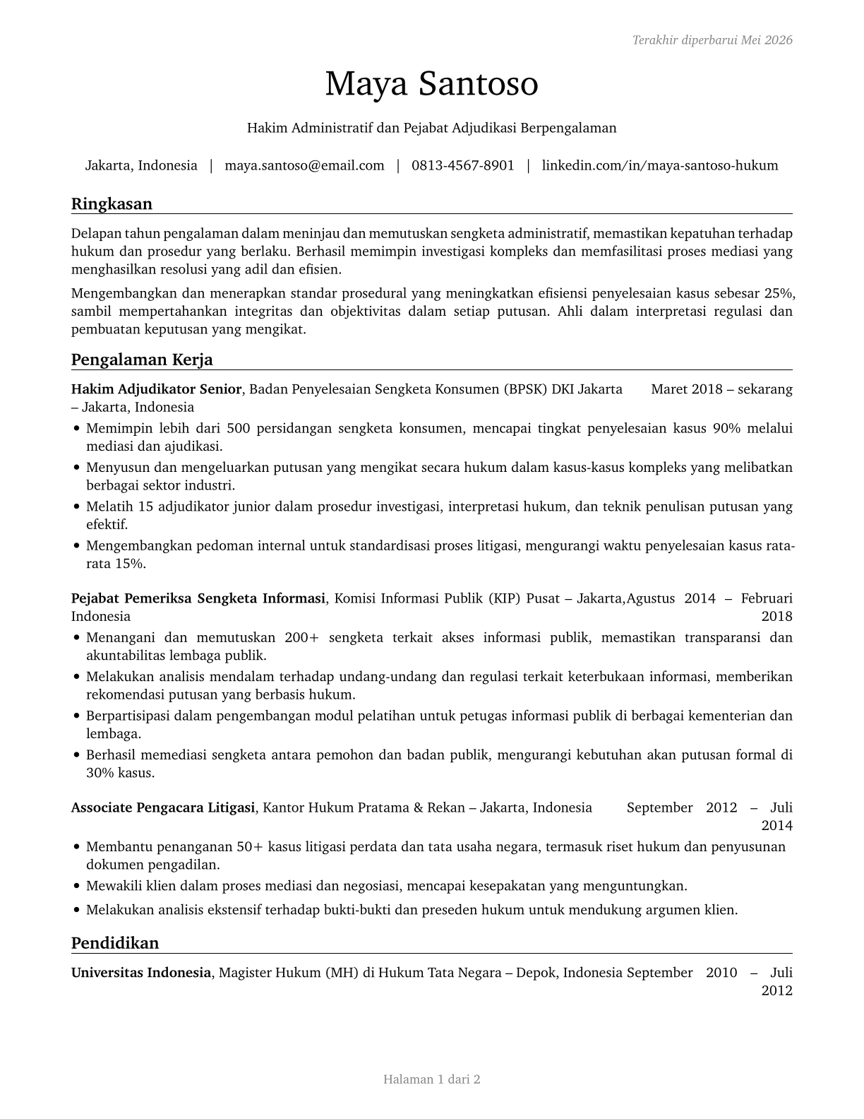 Administrative Law Judges, Adjudicators, and Hearing Officers CV in Indonesian — page 1