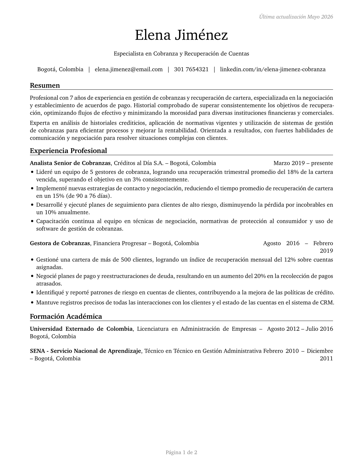 Bill and Account Collectors CV in Spanish — page 1