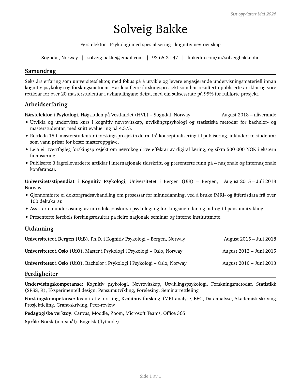 Psychology Teachers, Postsecondary CV in Norwegian_nynorsk — page 1