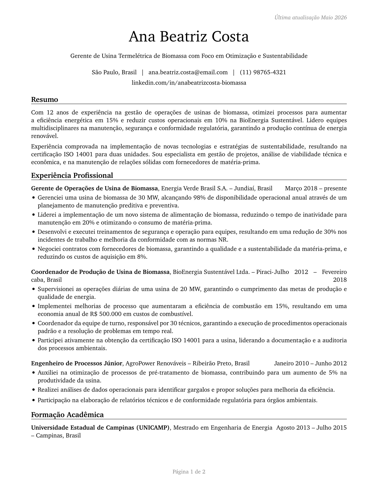 Biomass Power Plant Managers CV in Portuguese — page 1