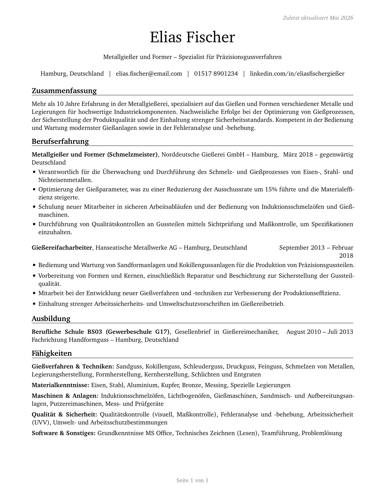 Pourers and Casters, Metal CV in German — page 1