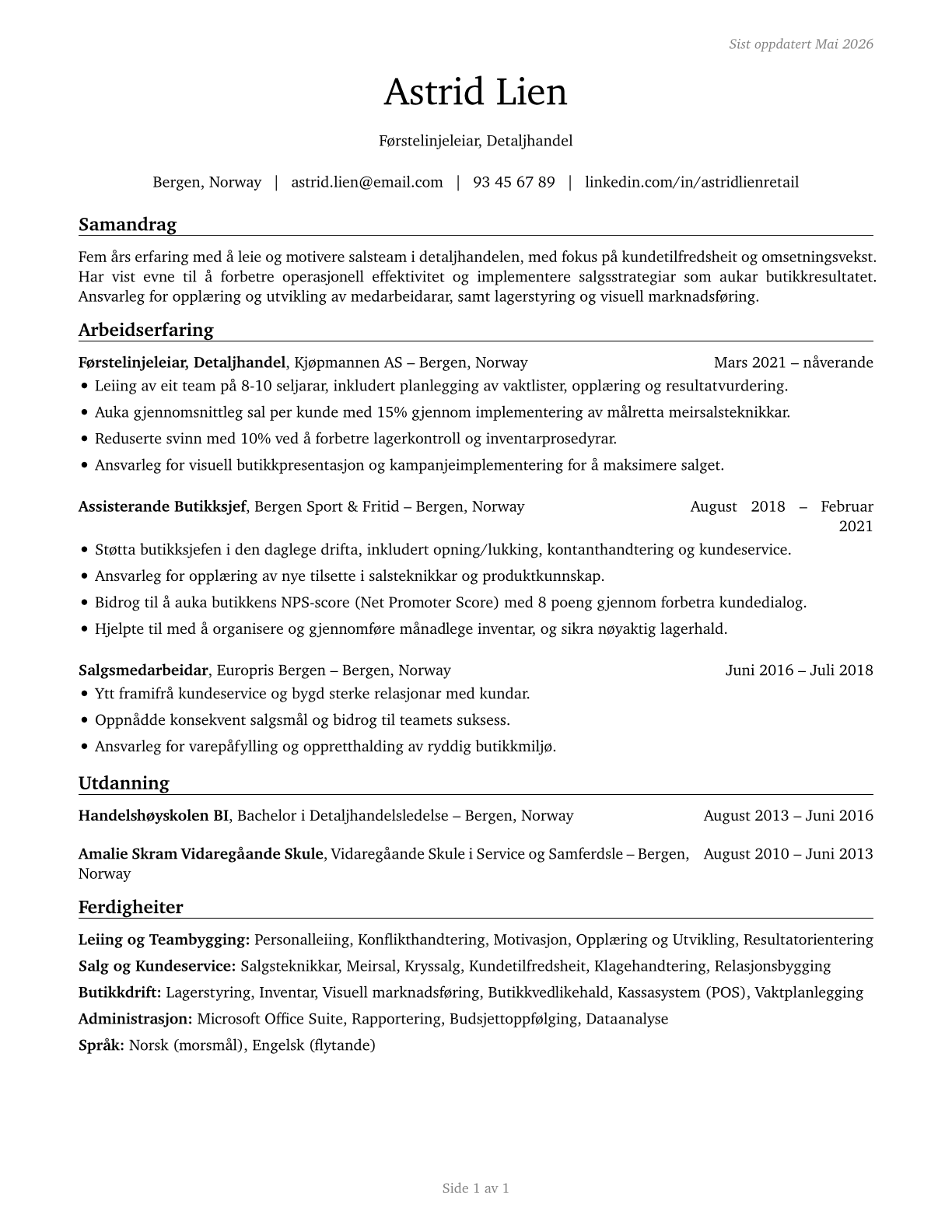First-Line Supervisors of Retail Sales Workers CV in Norwegian_nynorsk — page 1