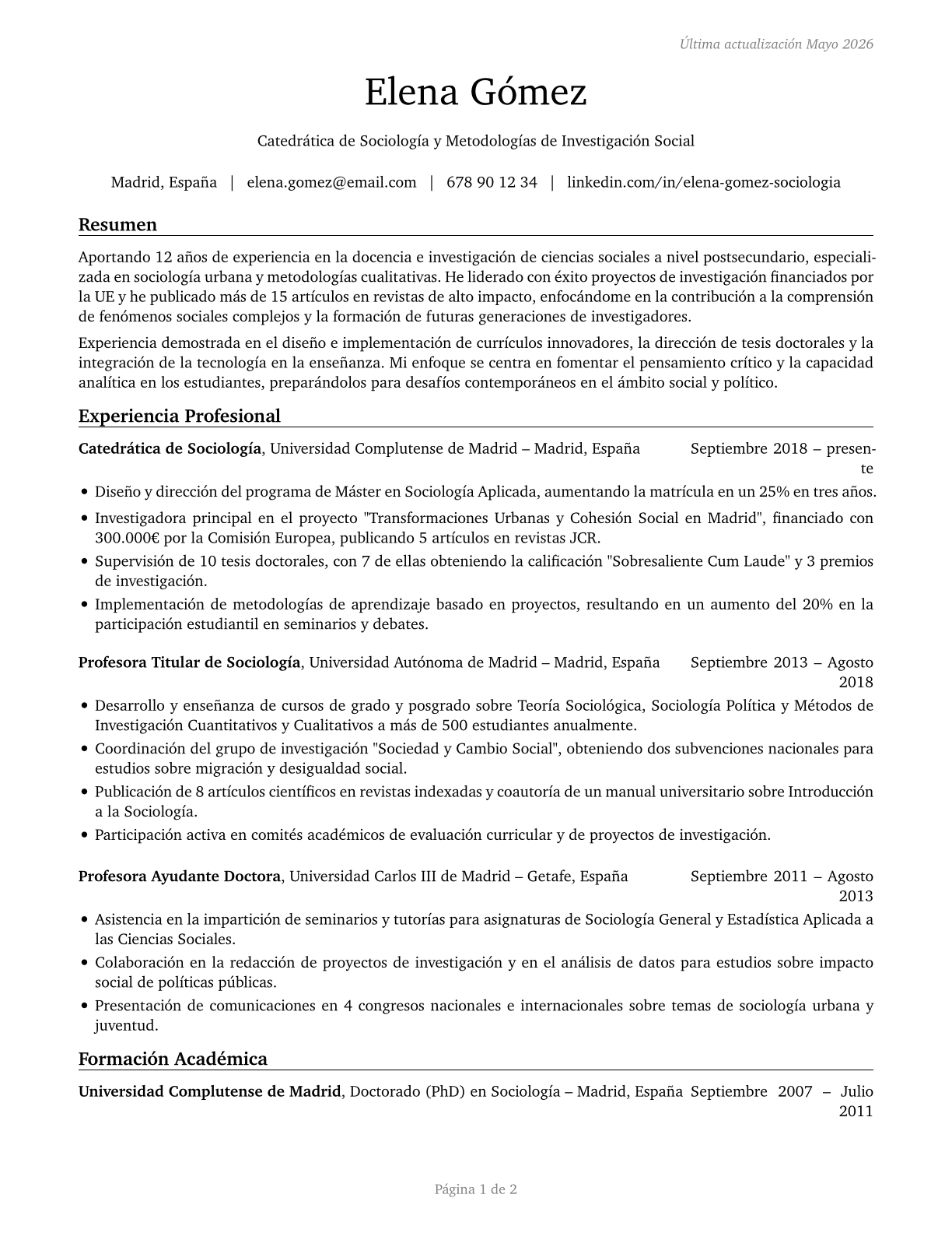Social Sciences Teachers, Postsecondary, All Other CV in Spanish — page 1