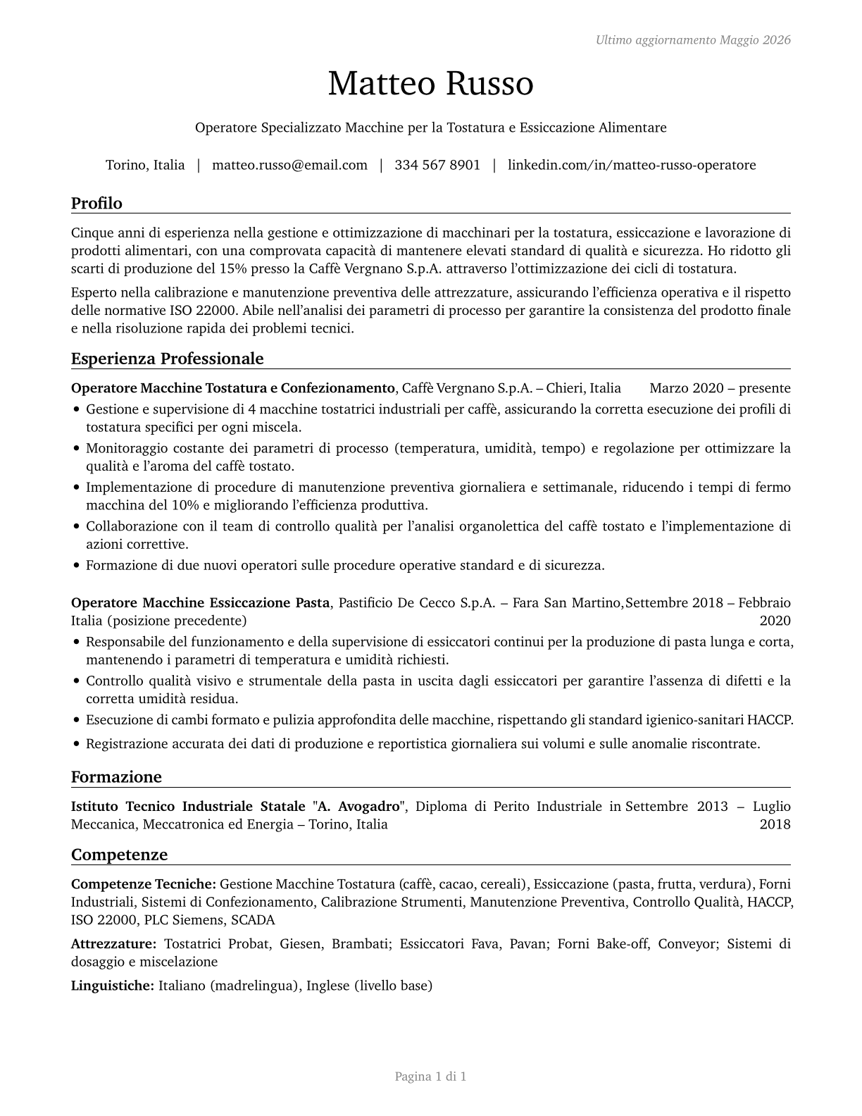 Food and Tobacco Roasting, Baking, and Drying Machine Operators and Tenders CV in Italian — page 1