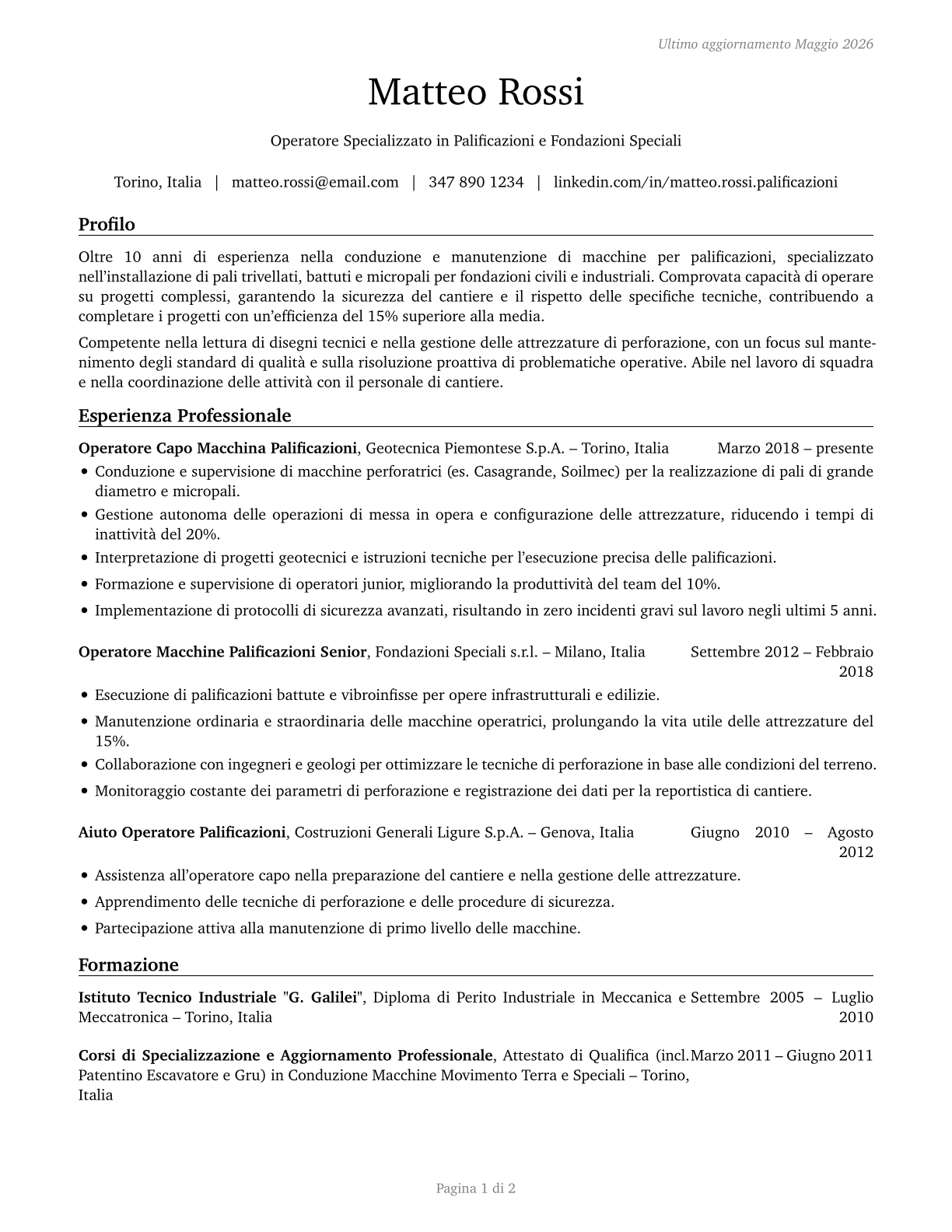 Pile Driver Operators CV in Italian — page 1