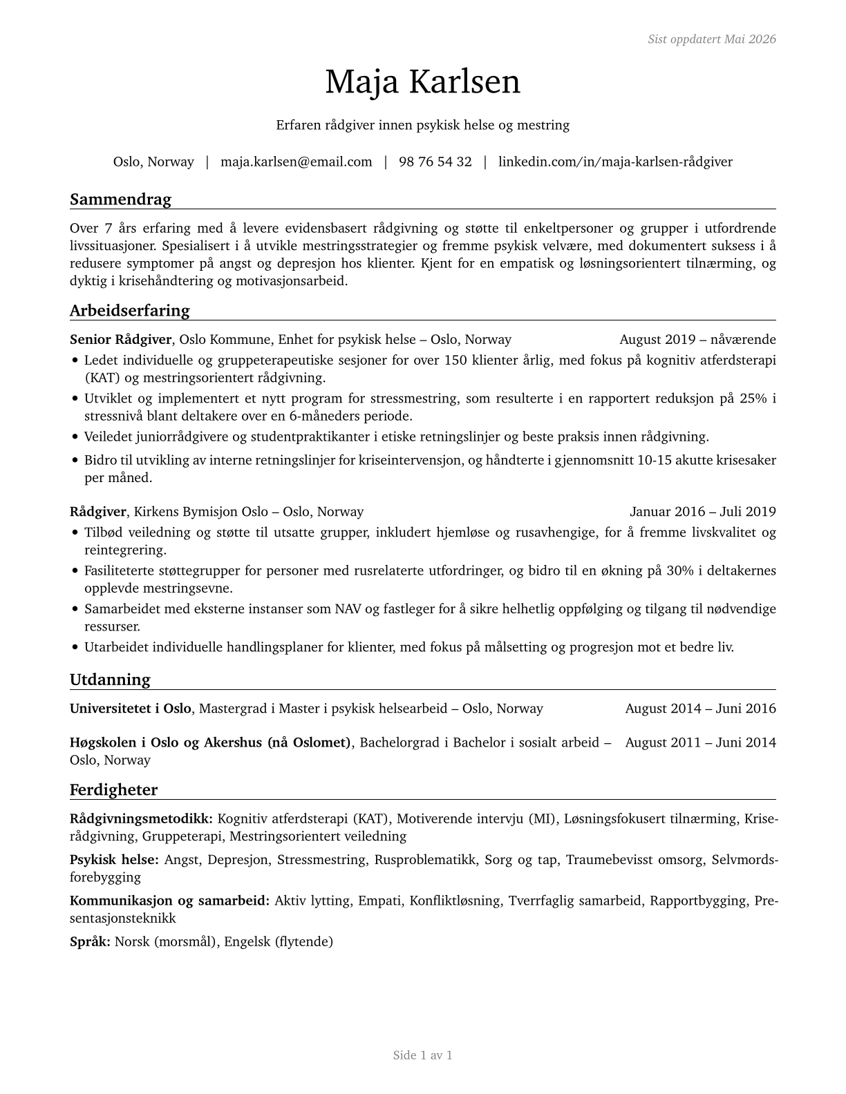 Counselors, All Other CV in Norwegian_bokmal — page 1