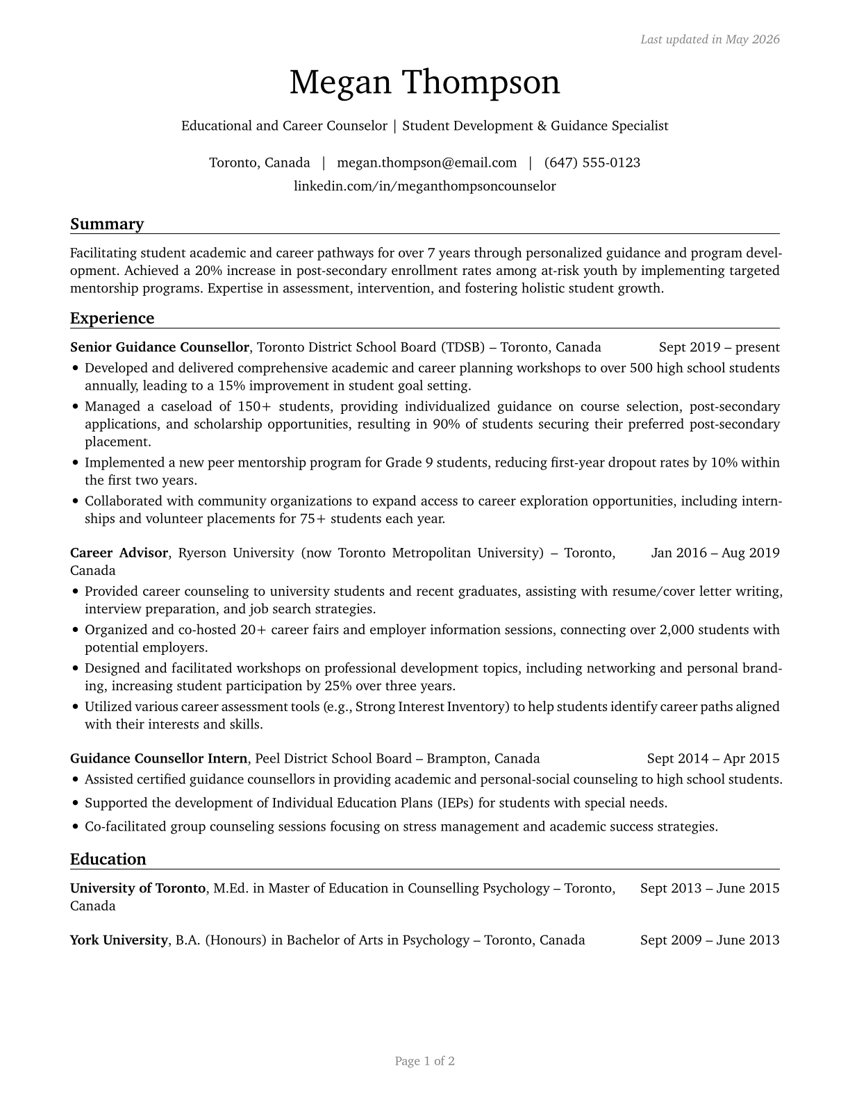 Educational, Guidance, and Career Counselors and Advisors CV in English — page 1