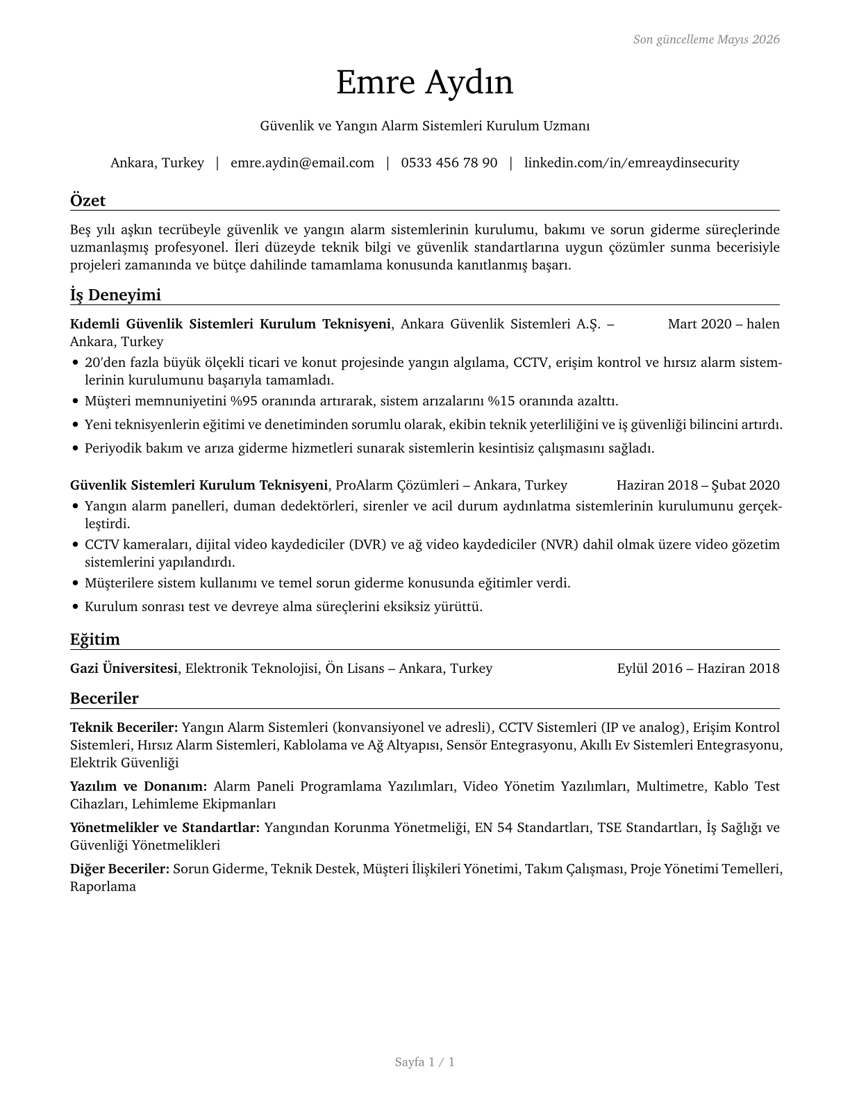 Security and Fire Alarm Systems Installers CV in Turkish — page 1