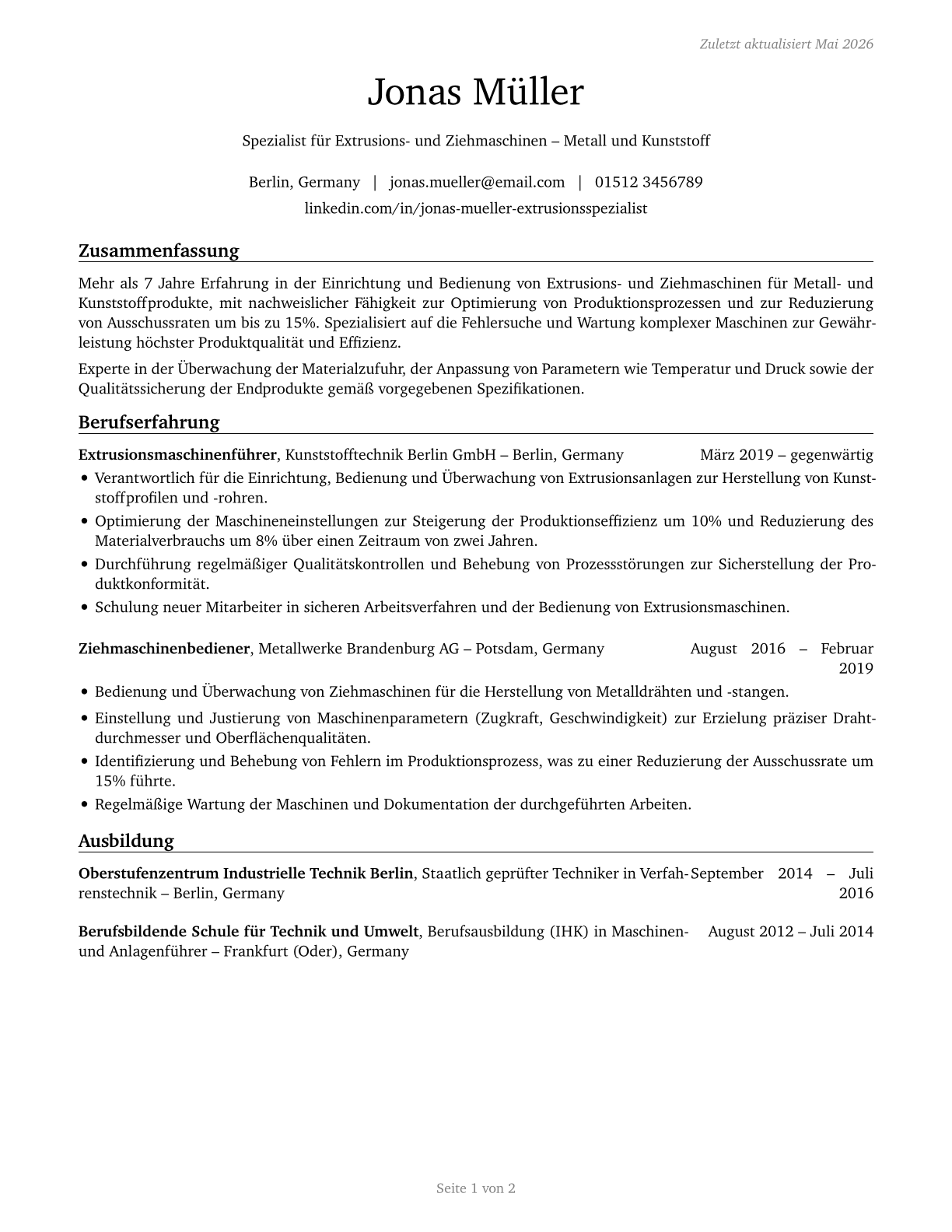 Extruding and Drawing Machine Setters, Operators, and Tenders, Metal and Plastic CV in German — page 1