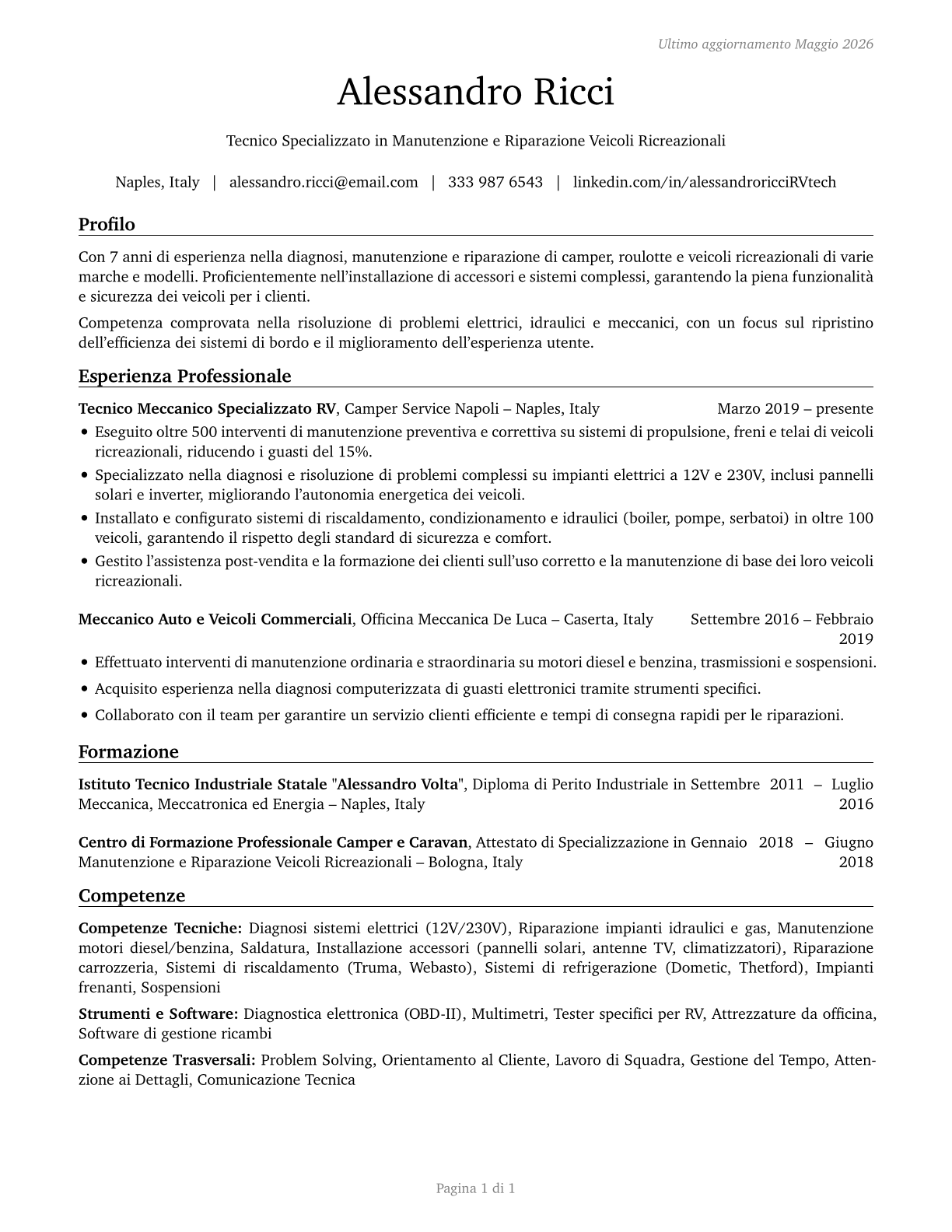 Recreational Vehicle Service Technicians CV in Italian — page 1