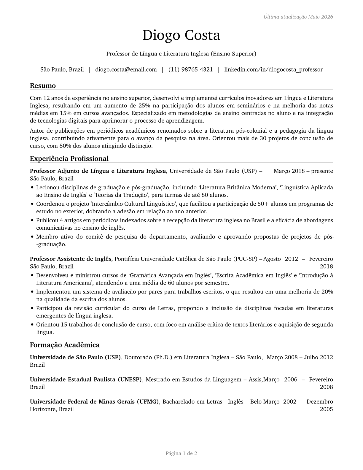 English Language and Literature Teachers, Postsecondary CV in Portuguese — page 1