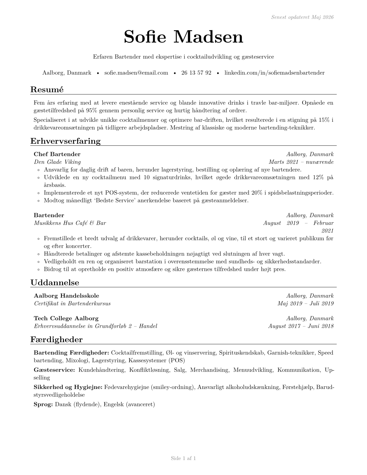 Bartenders CV in Danish — page 1