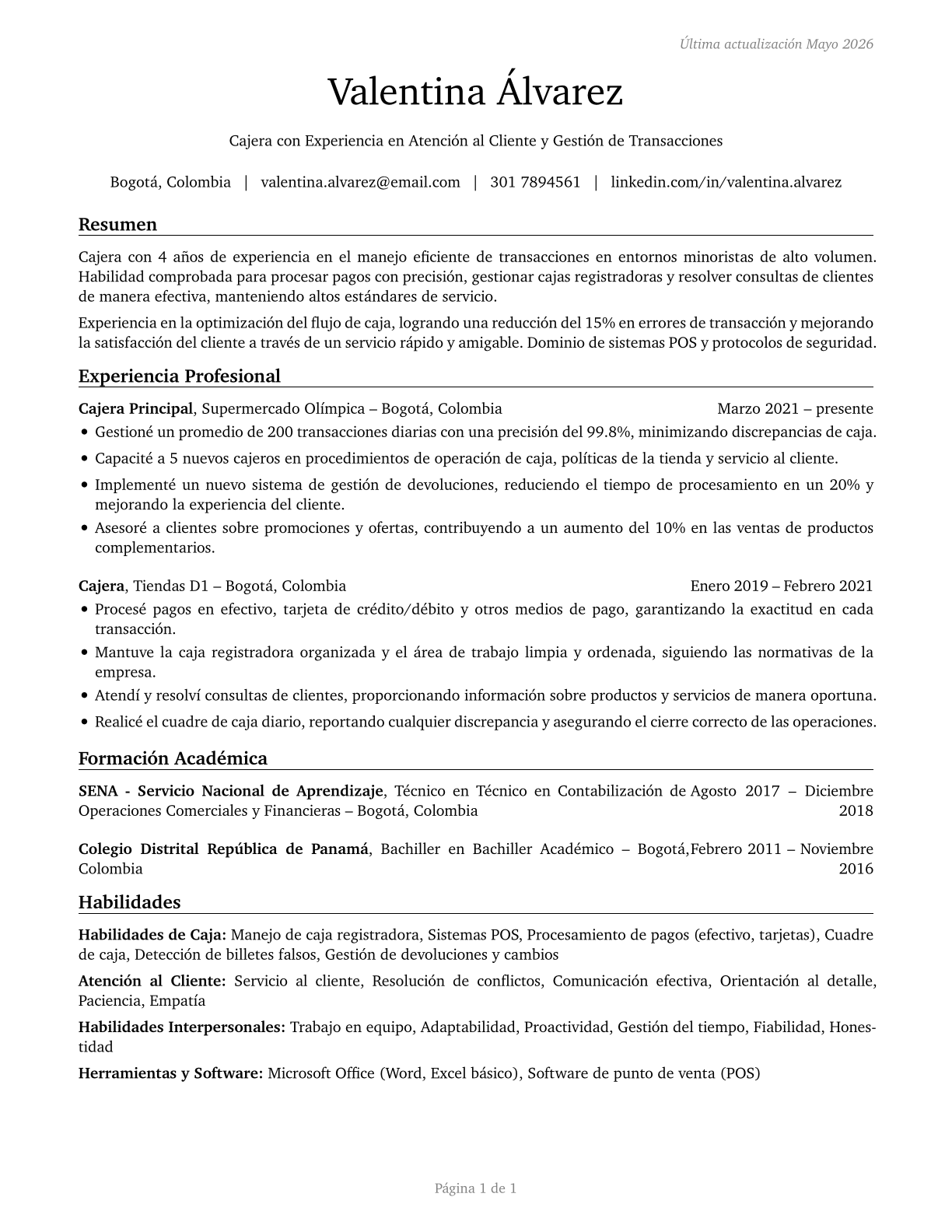 Cashiers CV in Spanish — page 1