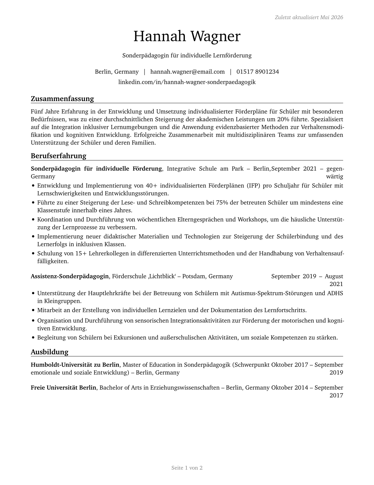 Special Education Teachers, All Other CV in German — page 1