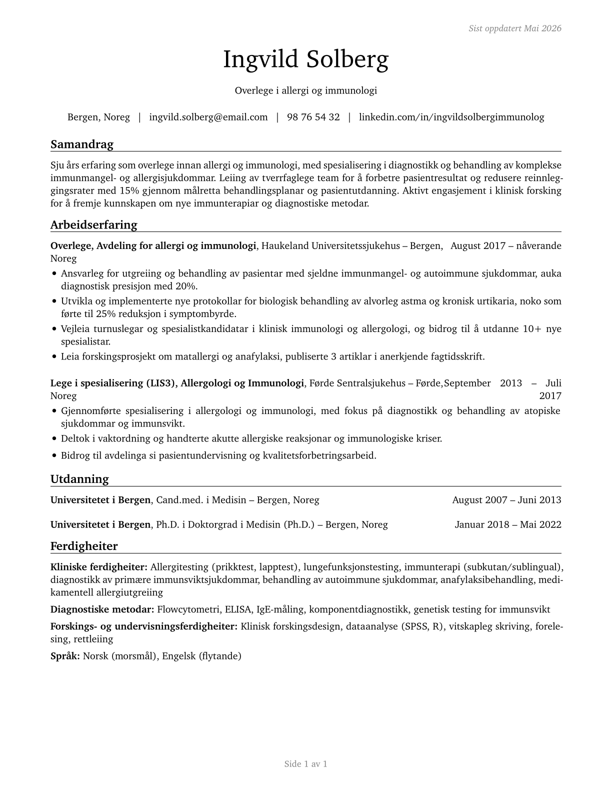 Allergists and Immunologists CV in Norwegian_nynorsk — page 1