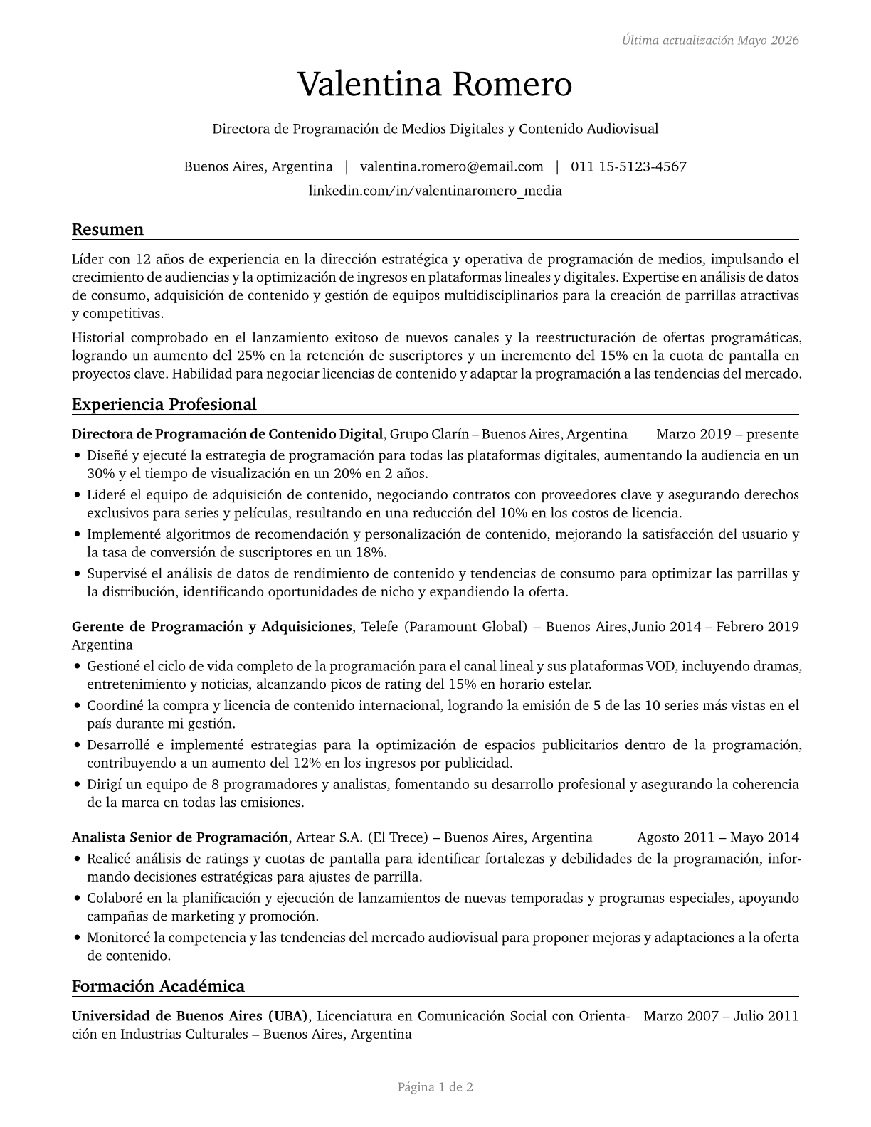 Media Programming Directors CV in Spanish — page 1