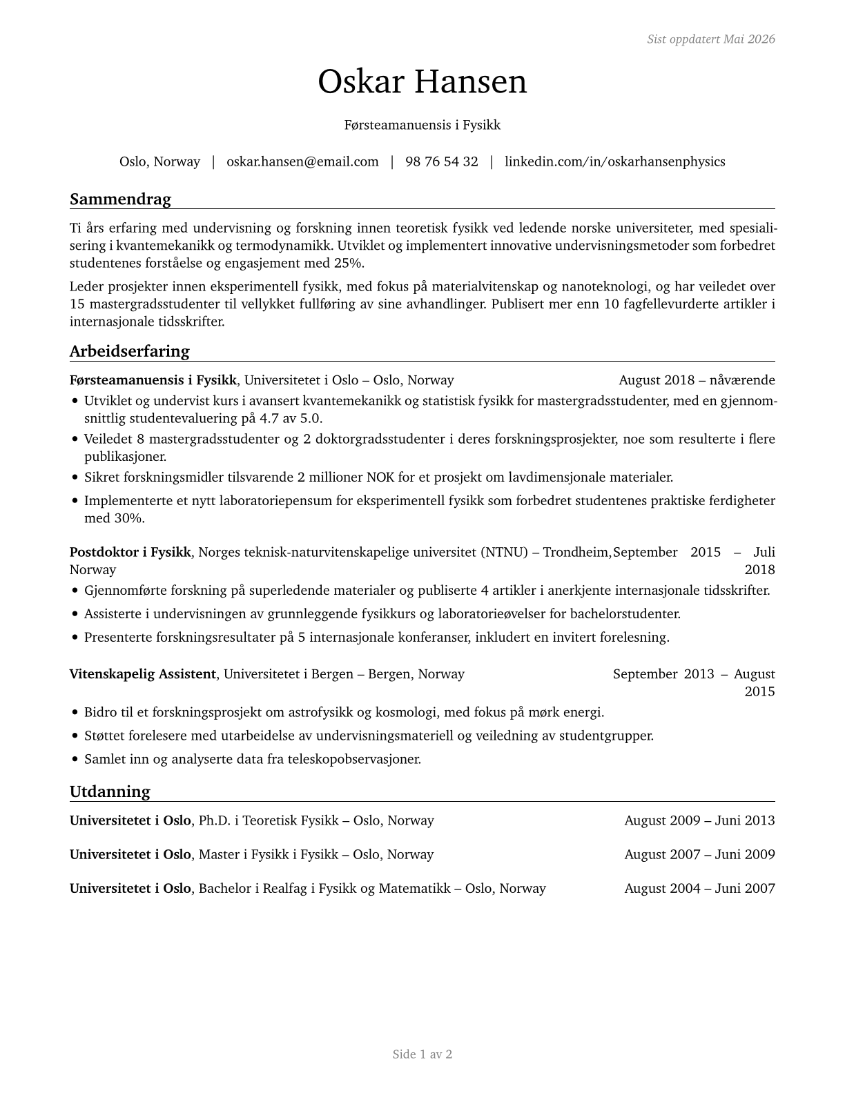 Physics Teachers, Postsecondary CV in Norwegian_bokmal — page 1