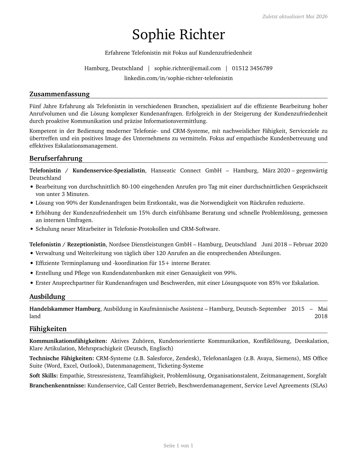 Telephone Operators CV in German — page 1