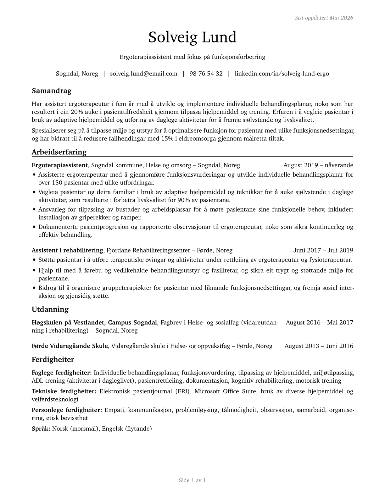 Occupational Therapy Assistants CV in Norwegian_nynorsk — page 1