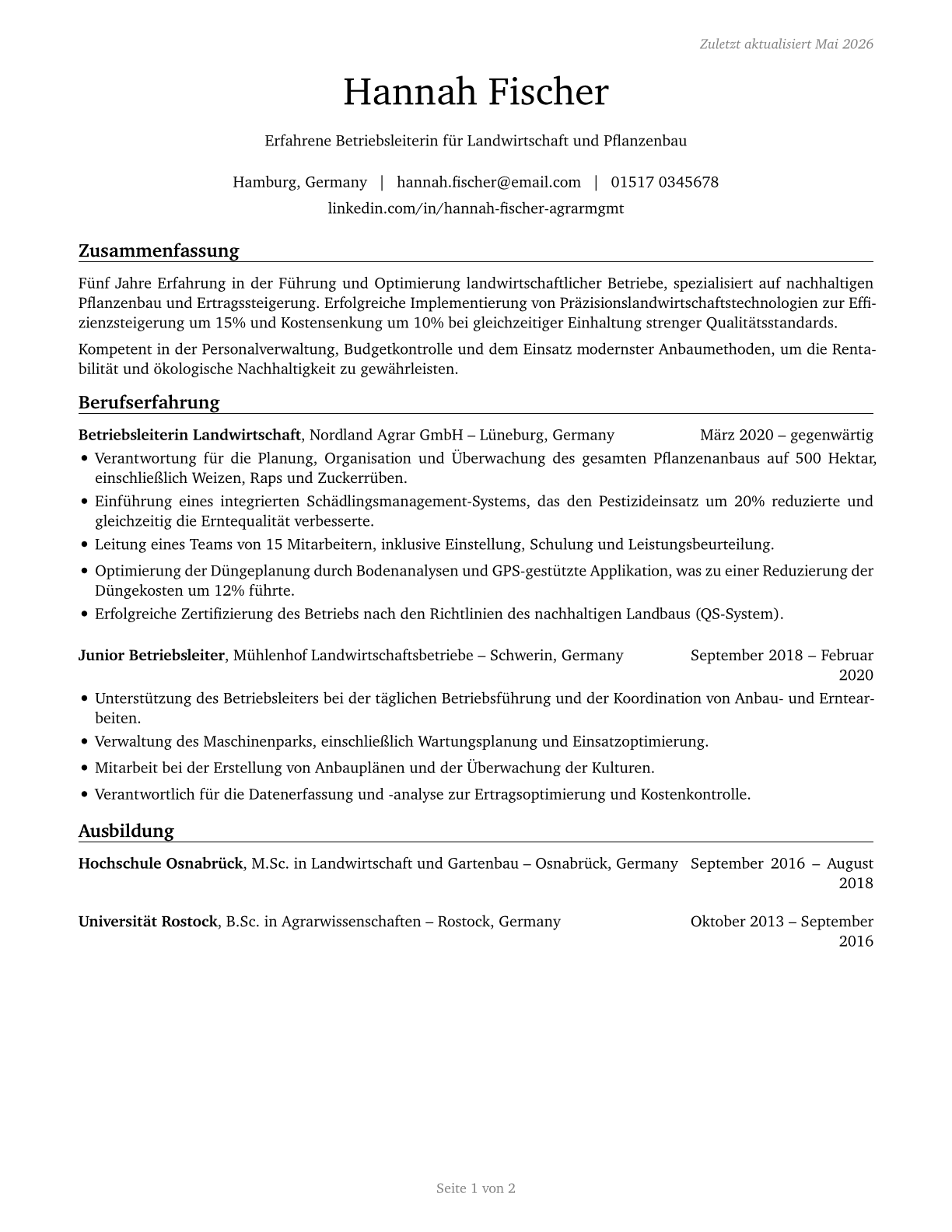 Farmers, Ranchers, and Other Agricultural Managers CV in German — page 1
