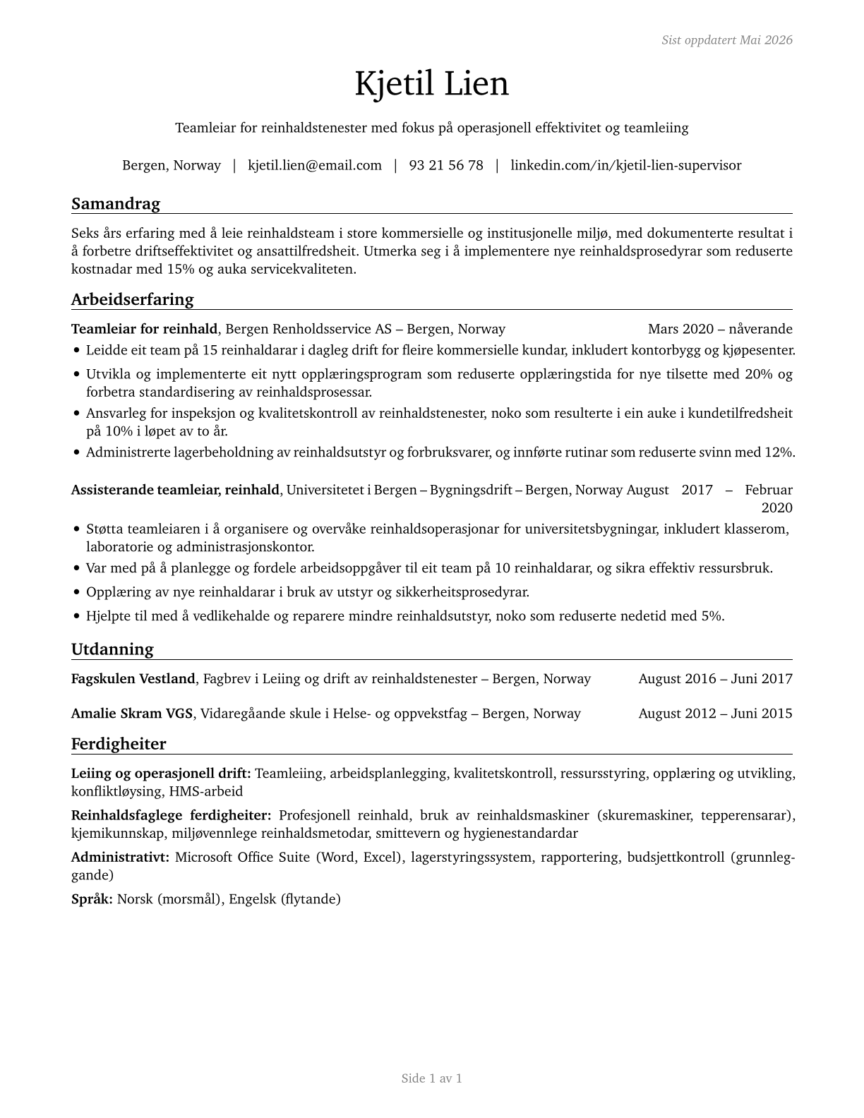 First-Line Supervisors of Housekeeping and Janitorial Workers CV in Norwegian_nynorsk — page 1