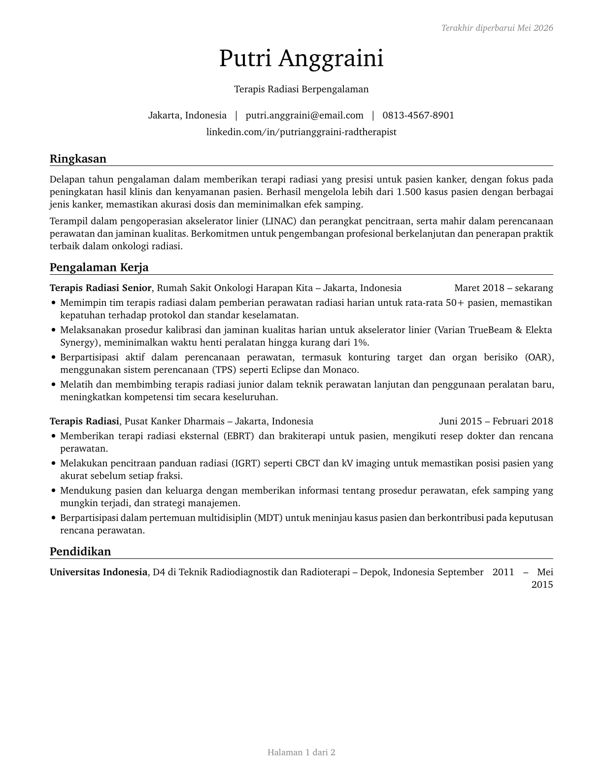 Radiation Therapists CV in Indonesian — page 1