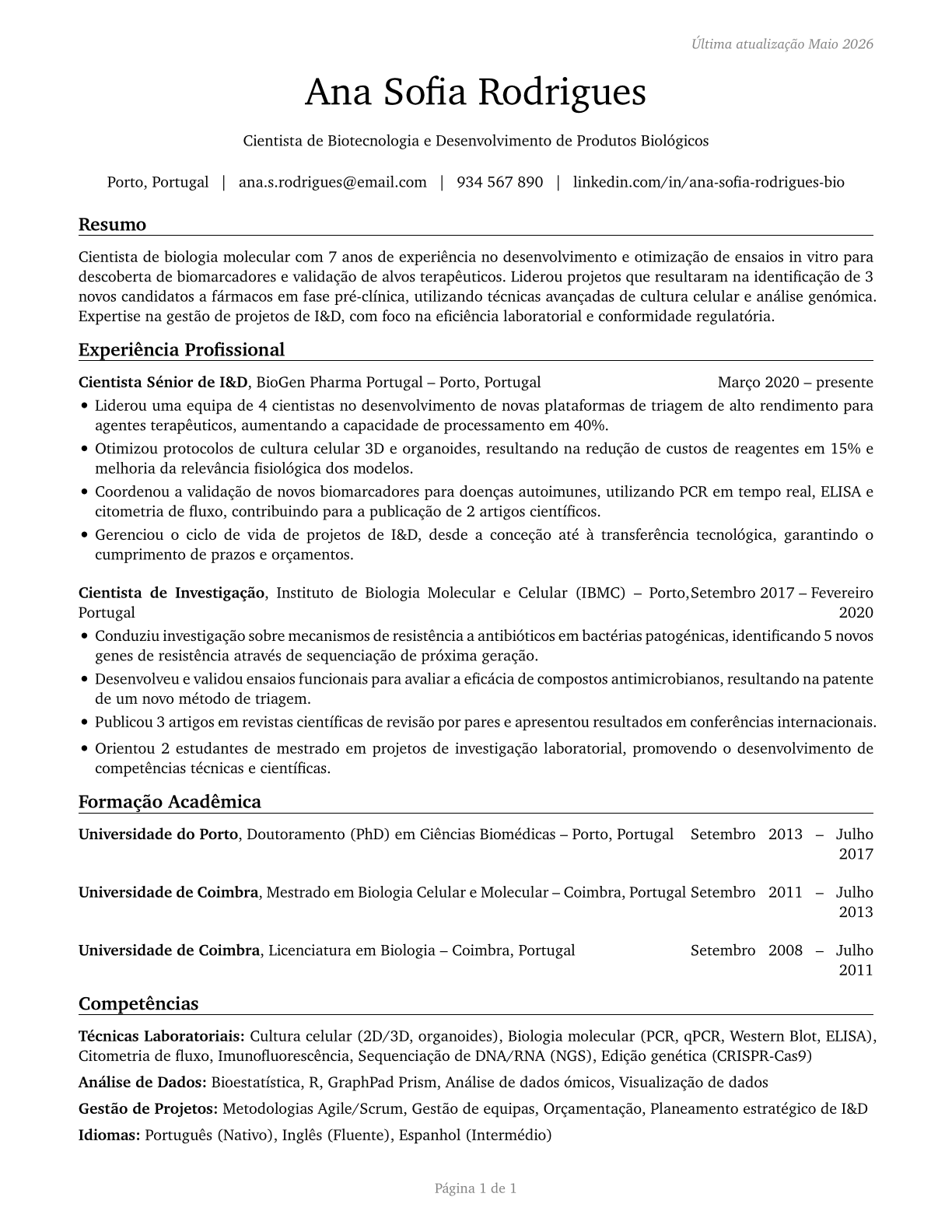 Life Scientists, All Other CV in Portuguese — page 1