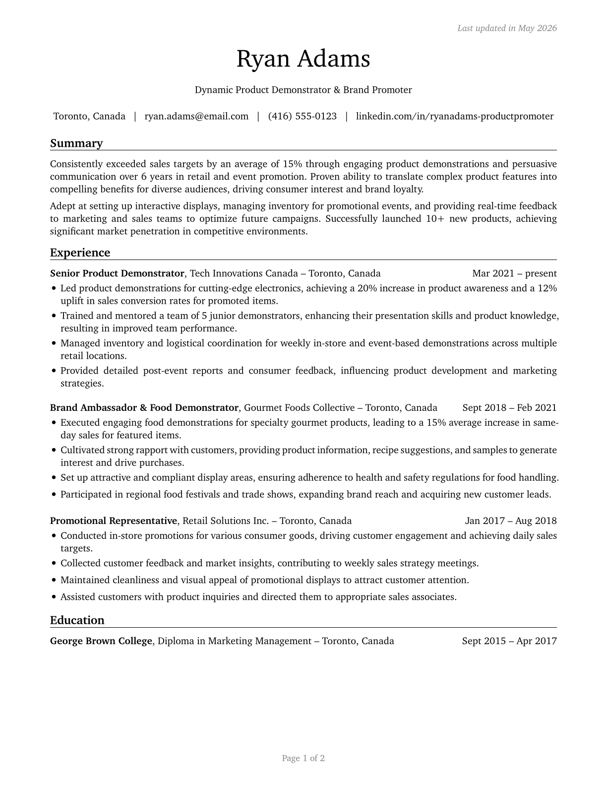 Demonstrators and Product Promoters CV in English — page 1
