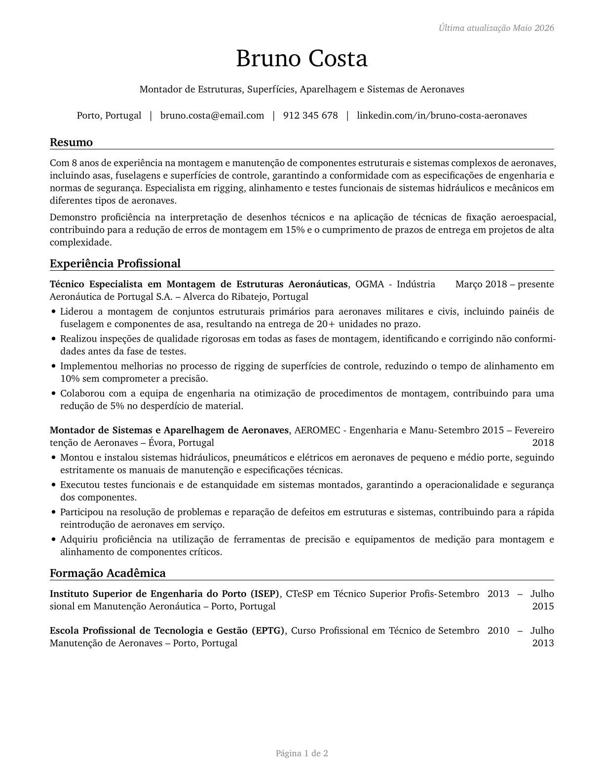 Aircraft Structure, Surfaces, Rigging, and Systems Assemblers CV in Portuguese — page 1