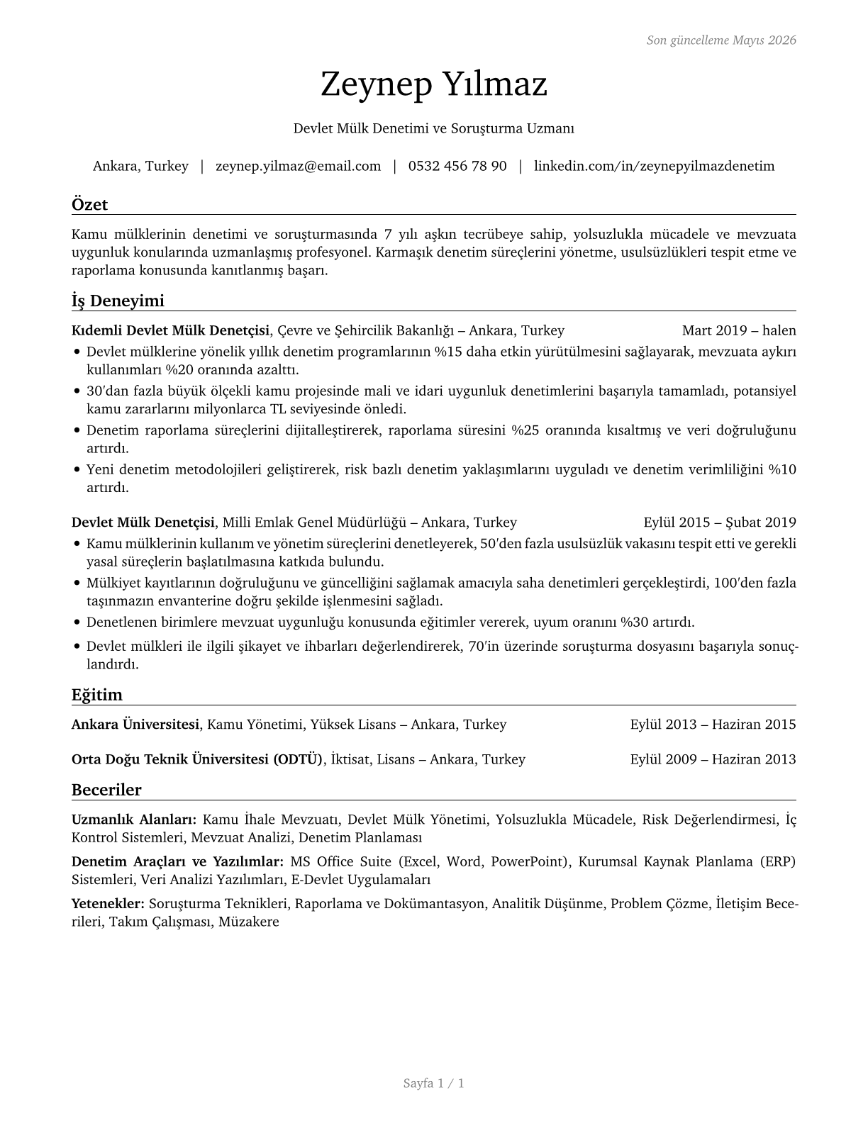 Government Property Inspectors and Investigators CV in Turkish — page 1