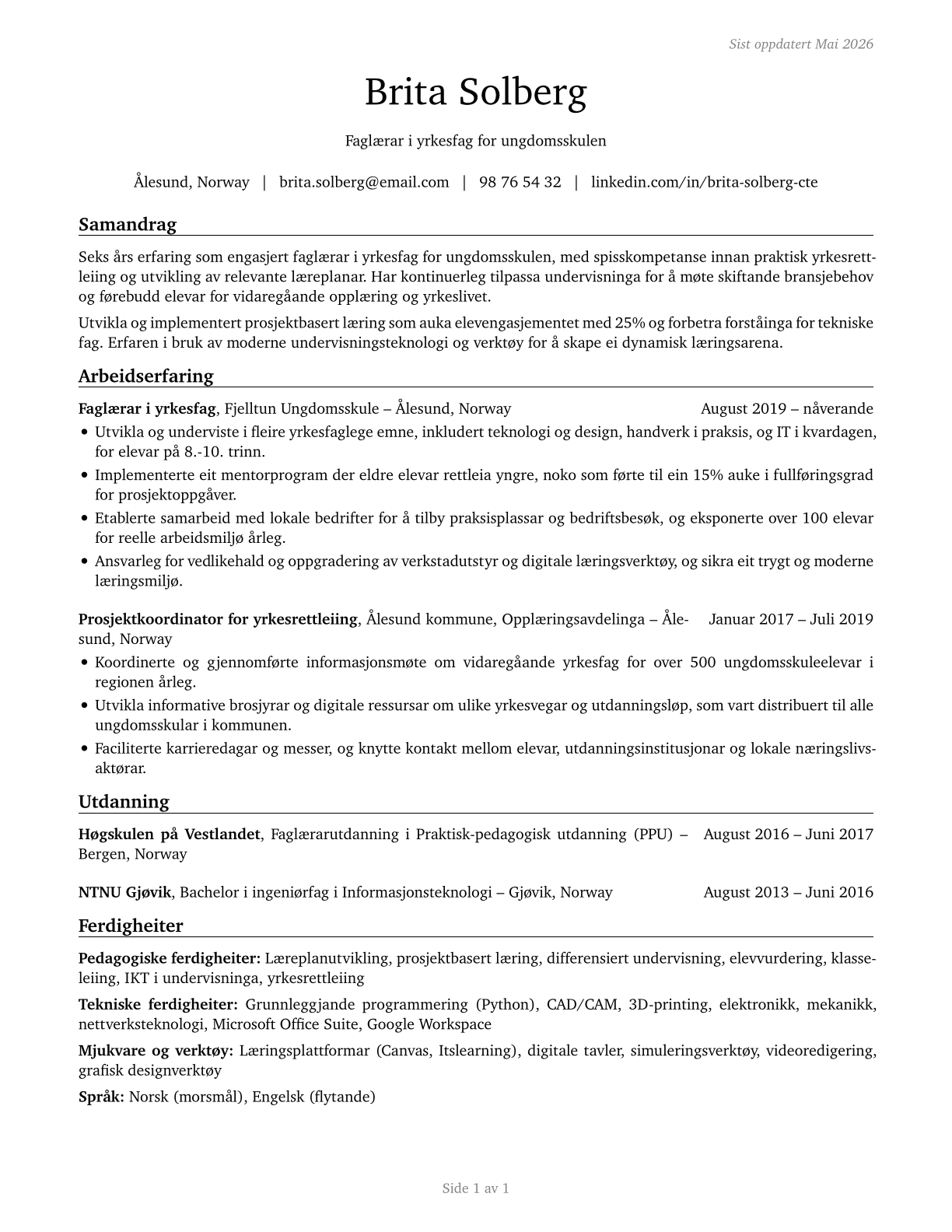 Career/Technical Education Teachers, Middle School CV in Norwegian_nynorsk — page 1