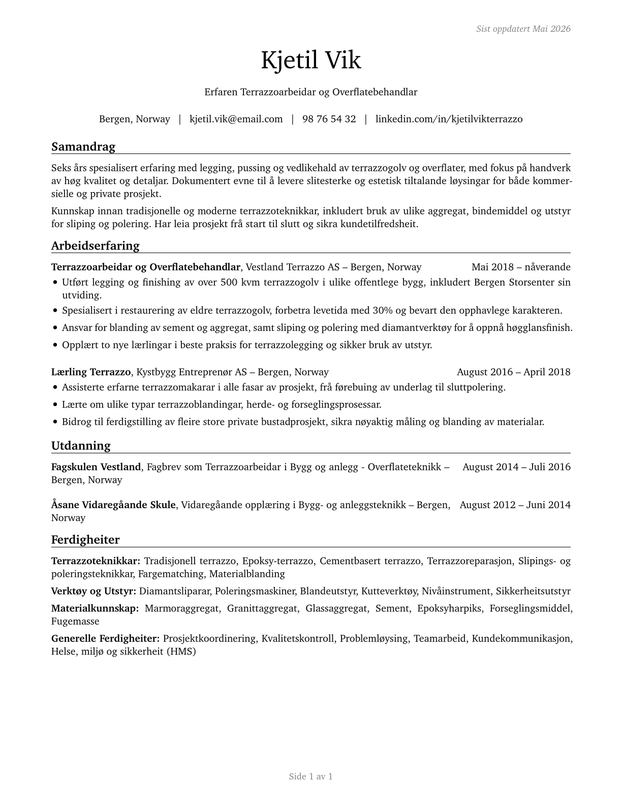 Terrazzo Workers and Finishers CV in Norwegian_nynorsk — page 1