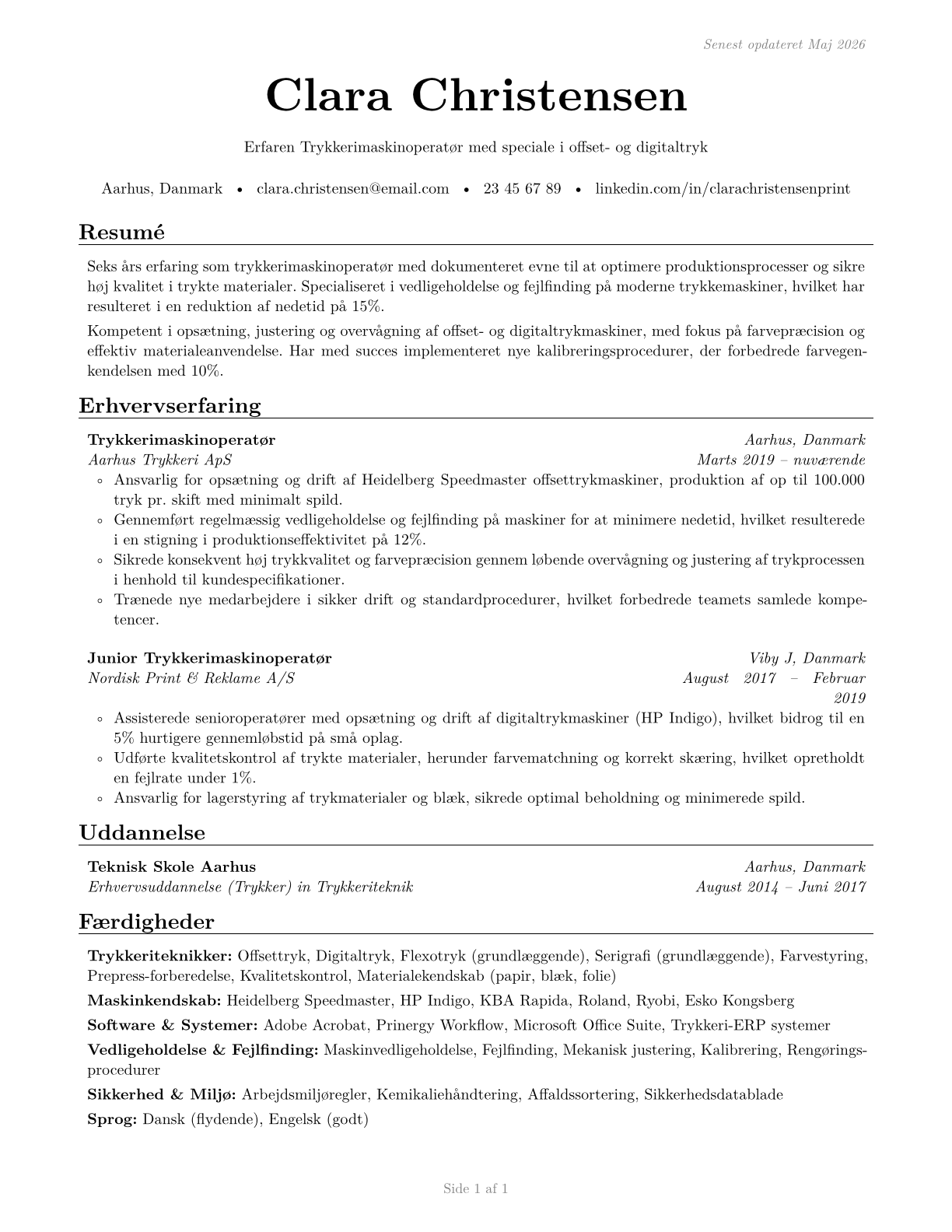 Printing Press Operators CV in Danish — page 1