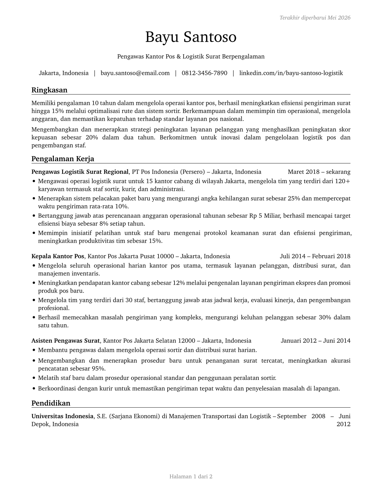 Postmasters and Mail Superintendents CV in Indonesian — page 1
