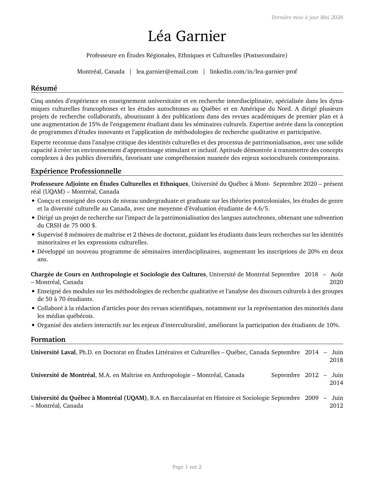 Area, Ethnic, and Cultural Studies Teachers, Postsecondary CV in French — page 1
