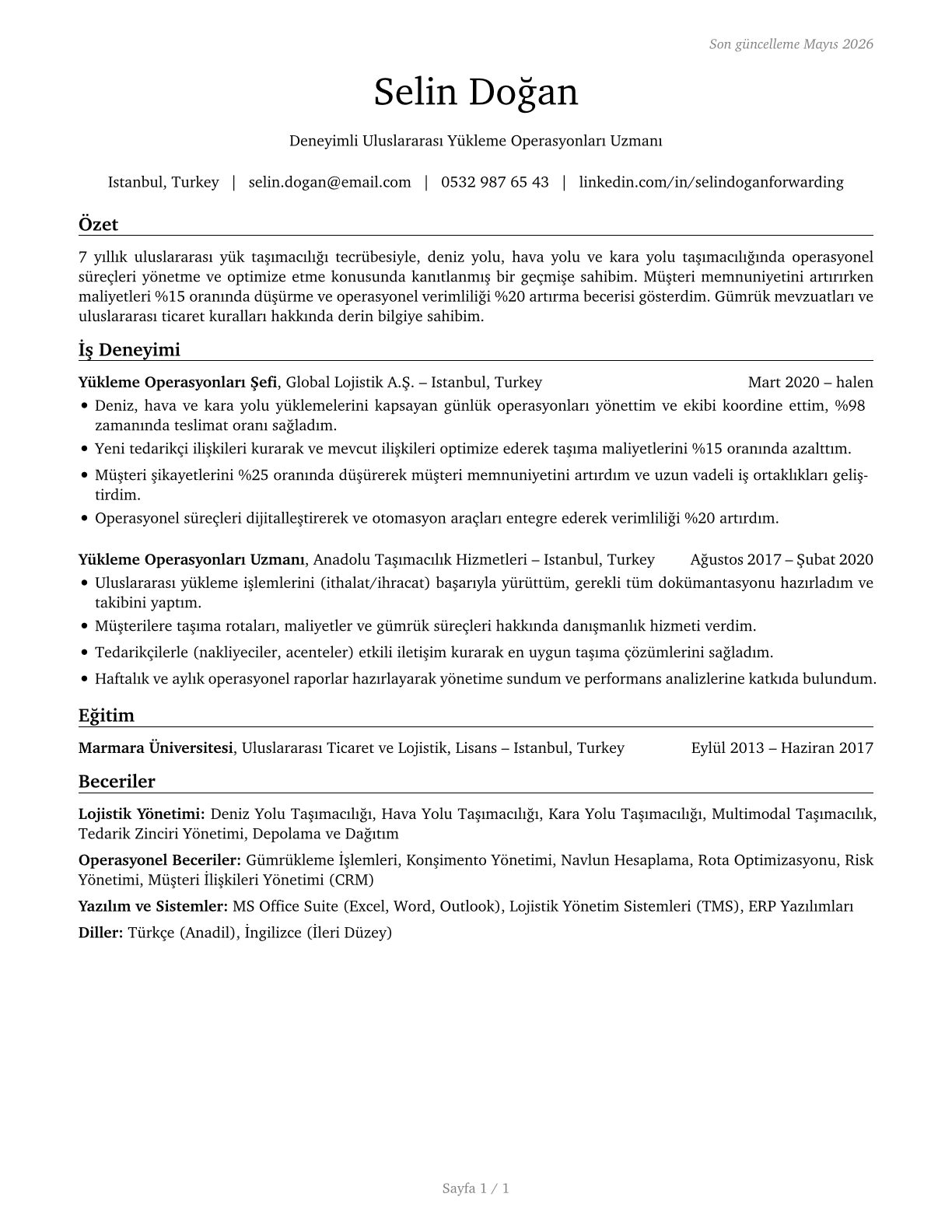 Freight Forwarders CV in Turkish — page 1