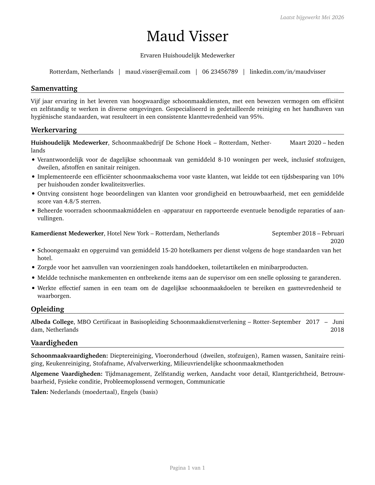Maids and Housekeeping Cleaners CV in Dutch — page 1