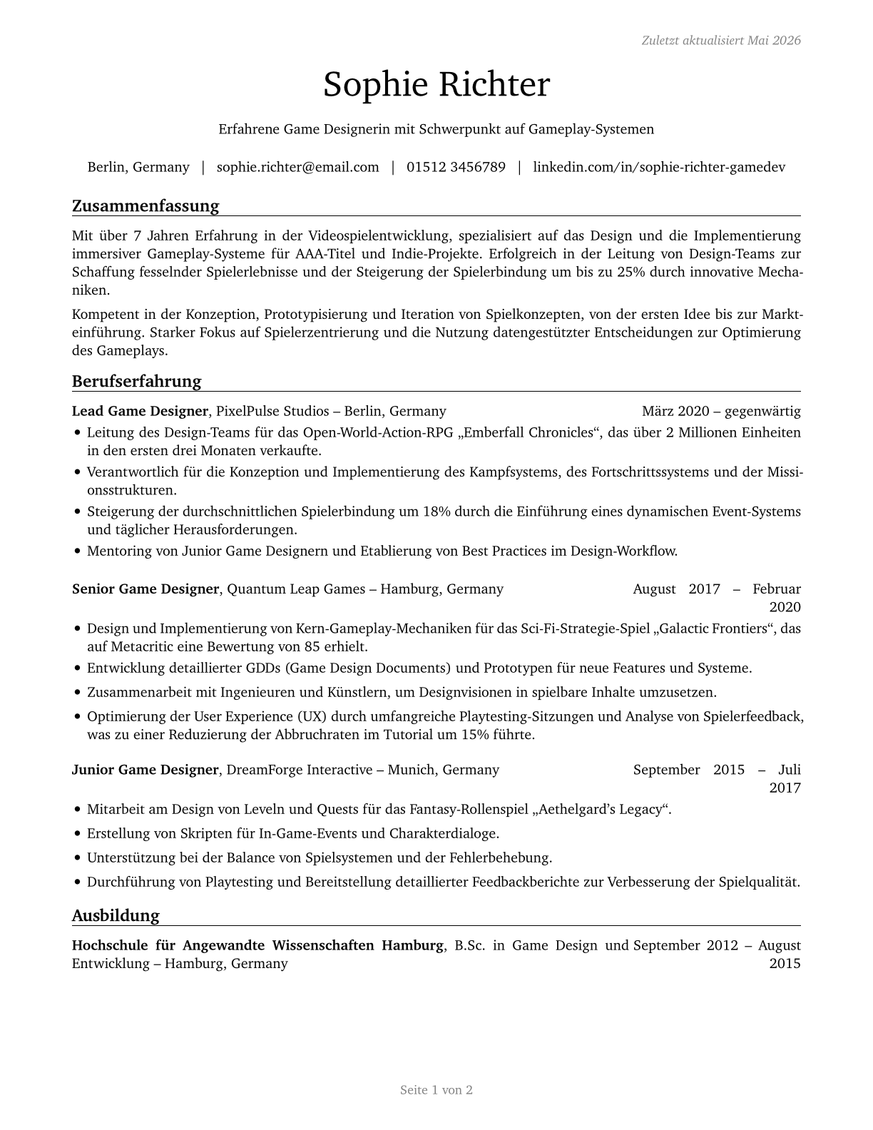 Video Game Designers CV in German — page 1